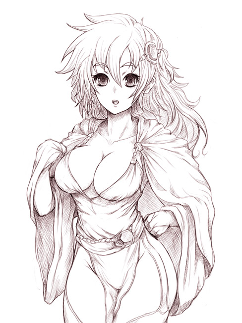 kara (color), rydia (adult) (ff4), rydia (ff4), final fantasy, final fantasy iv, 1990s (style), 1girl, breasts, cape, cleavage, female focus, large breasts, long hair, monochrome, retro artstyle, simple background, solo, thighhighs