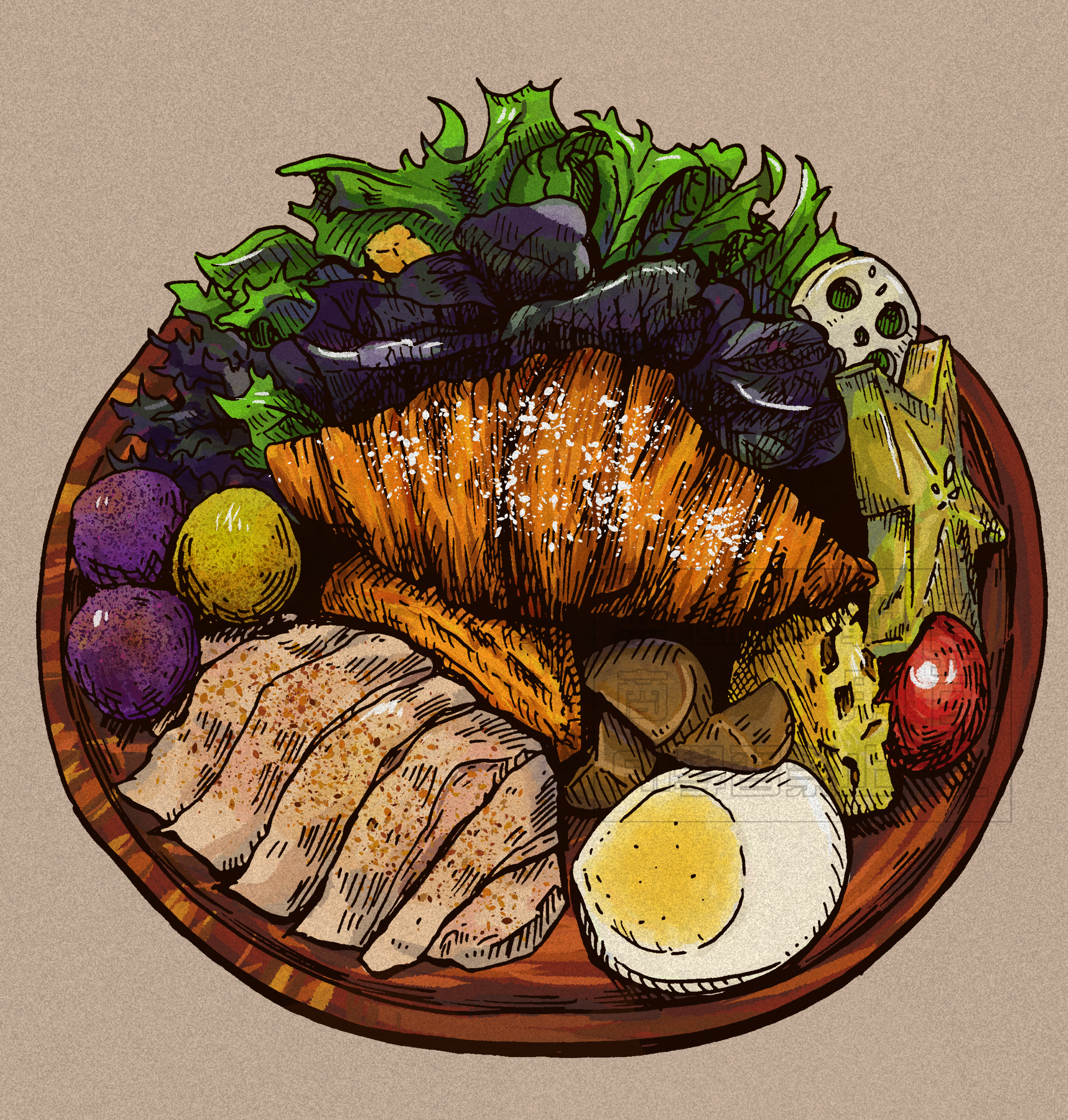 sungayking, original, absurdres, food request, highres, bread, croissant, food, food focus, fruit, grey background, hardboiled egg, no humans, salad, starfruit, starfruit slice, watermark