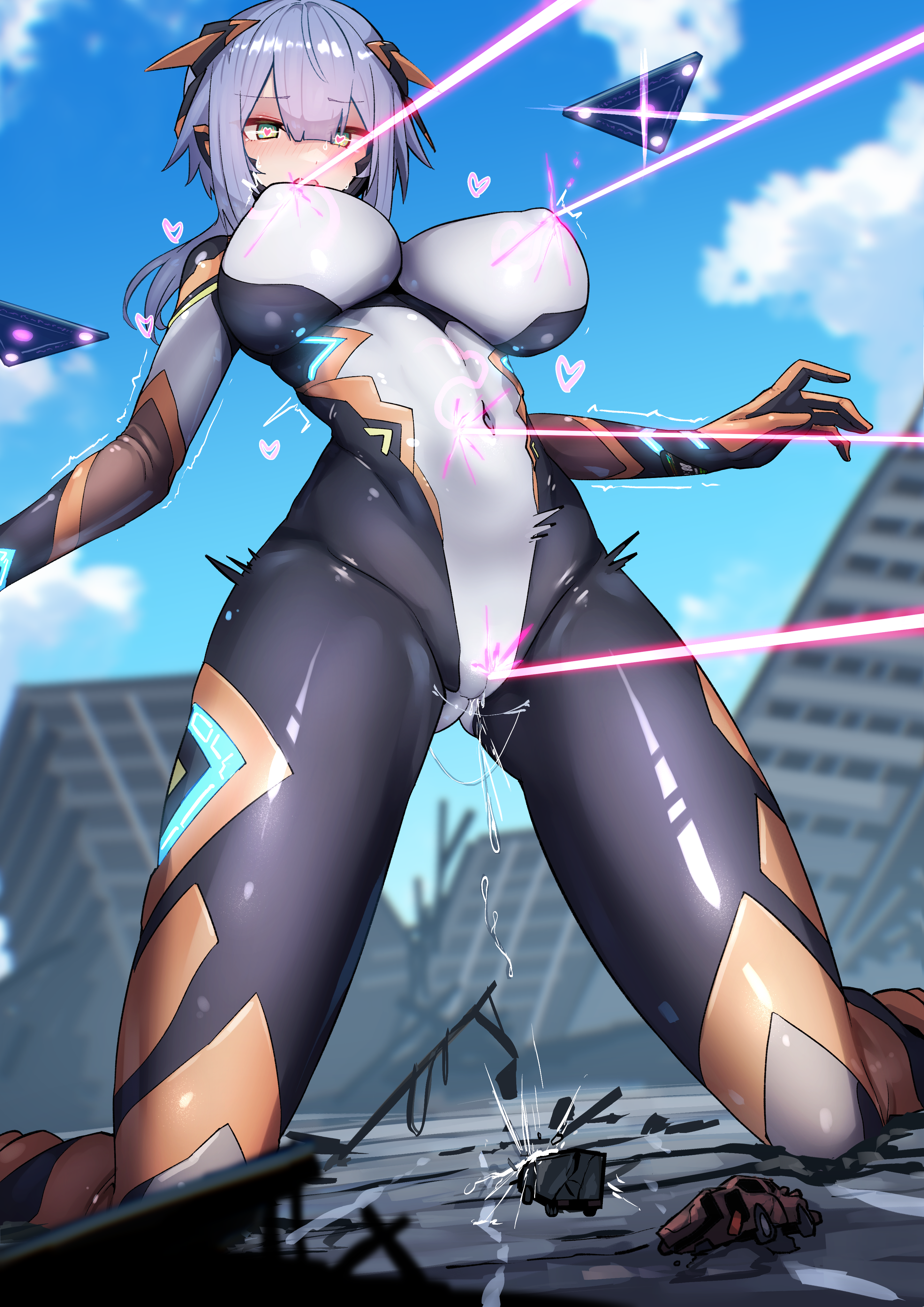 natsukaze shigure, colossus (natsukaze shigure), original, absurdres, highres, 1girl, blue sky, blush, bodysuit, breasts, building, city, cloud, covered erect nipples, covered navel, day, giant, giantess, gluteal fold, grey hair, headgear, heart, impossible bodysuit, impossible clothes, impossible leotard, kneeling, large breasts, laser, leotard, long hair, magical girl, outdoors, pussy juice, pussy juice drip through clothes, pussy juice trail, skin tight, sky, solo, yellow eyes