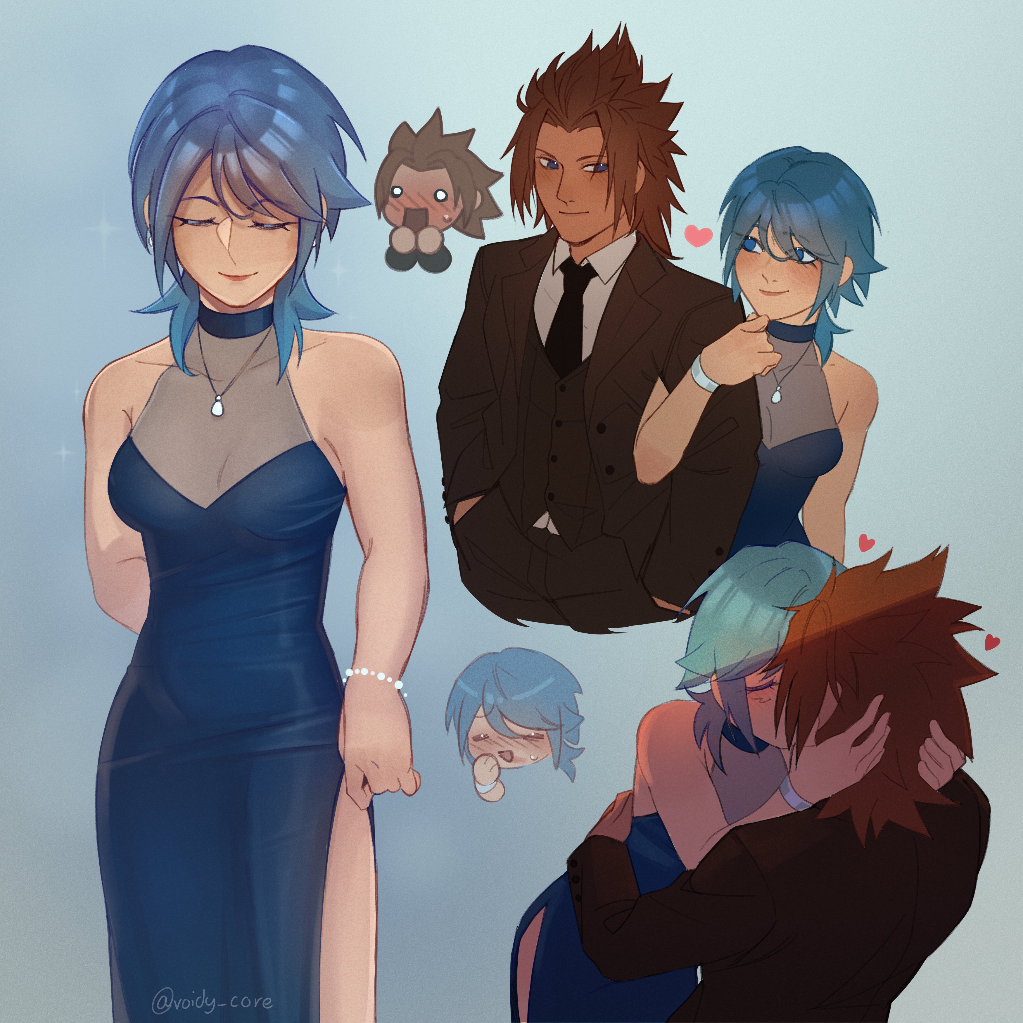 xvoidcore, aqua (kingdom hearts), terra (kingdom hearts), kingdom hearts, kingdom hearts birth by sleep, absurdres, commentary, english commentary, highres, 1boy, 1girl, alternate costume, bare shoulders, black necktie, black suit, blue background, blue dress, blue eyes, blush, breasts, brown hair, buttons, chibi, closed eyes, closed mouth, collarbone, dark-skinned male, dark skin, dress, formal clothes, heart, hetero, jewelry, kiss, lips, locked arms, looking at another, medium breasts, necklace, necktie, pink lips, shirt, simple background, sleeveless, sleeveless dress, smile, suit, sweatdrop, twitter username, white shirt
