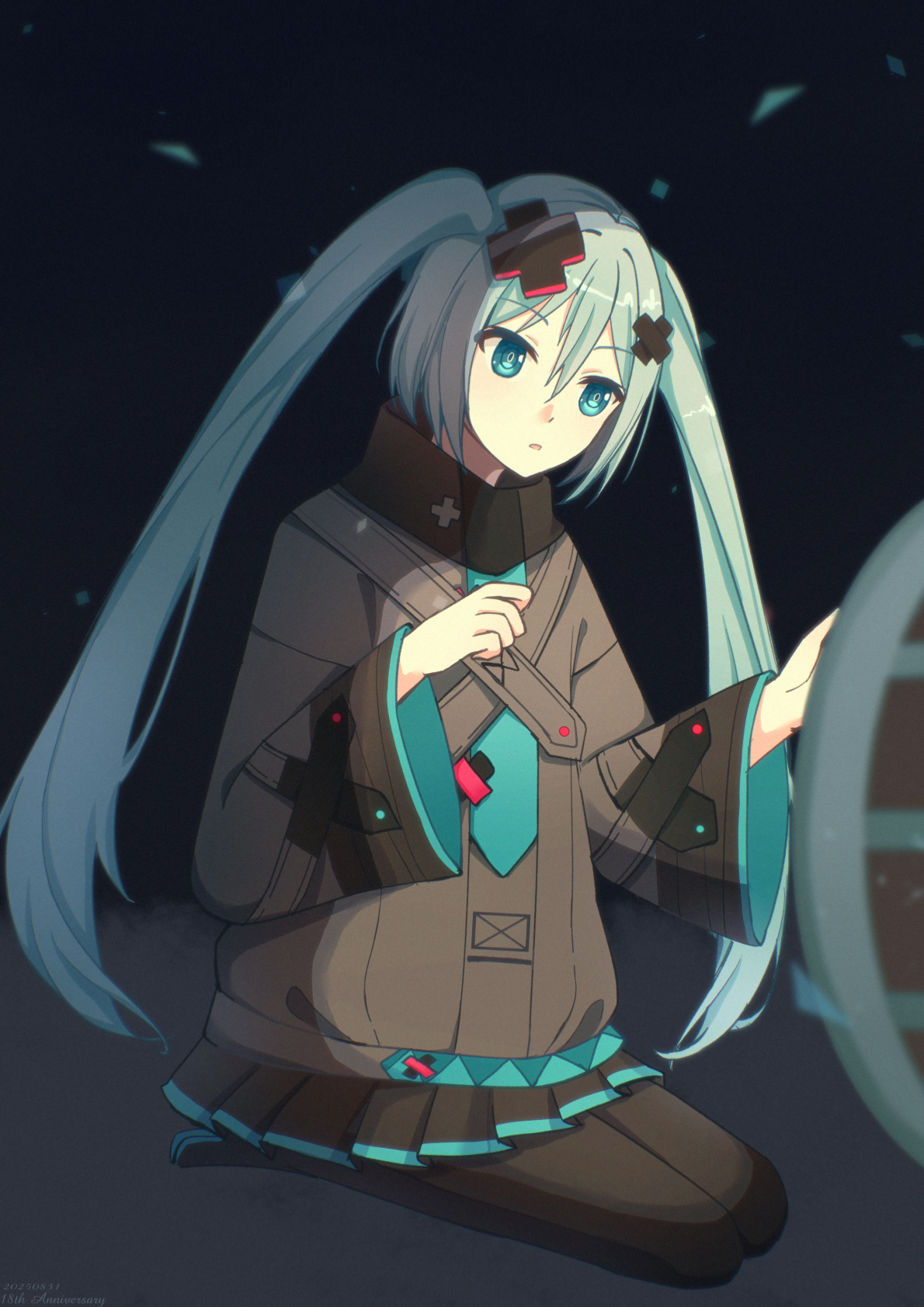 batsu miku, hatsune miku, kowareta sekai to utaenai miku, project sekai, vocaloid, highres, 1girl, aqua eyes, aqua hair, aqua trim, grey jacket, hair between eyes, hair ornament, jacket, long hair, long sleeves, open mouth, pleated skirt, skirt, solo, turtleneck, turtleneck jacket, twintails, wide sleeves, x hair ornament, yohane (a1625284606)