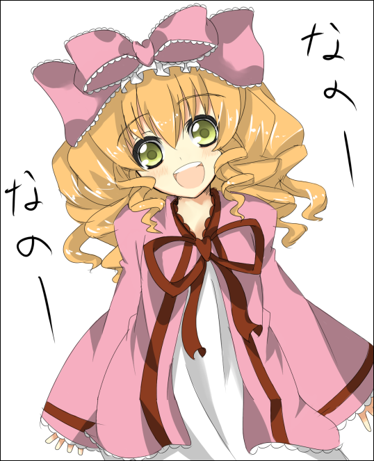 shingetsu takehito, hinaichigo, rozen maiden, 00s, 1girl, blonde hair, bow, dress, female focus, green eyes, hair bow, long hair, long sleeves, looking at viewer, pink bow, pink dress, red ribbon, ribbon, simple background, solo, wavy hair, white background
