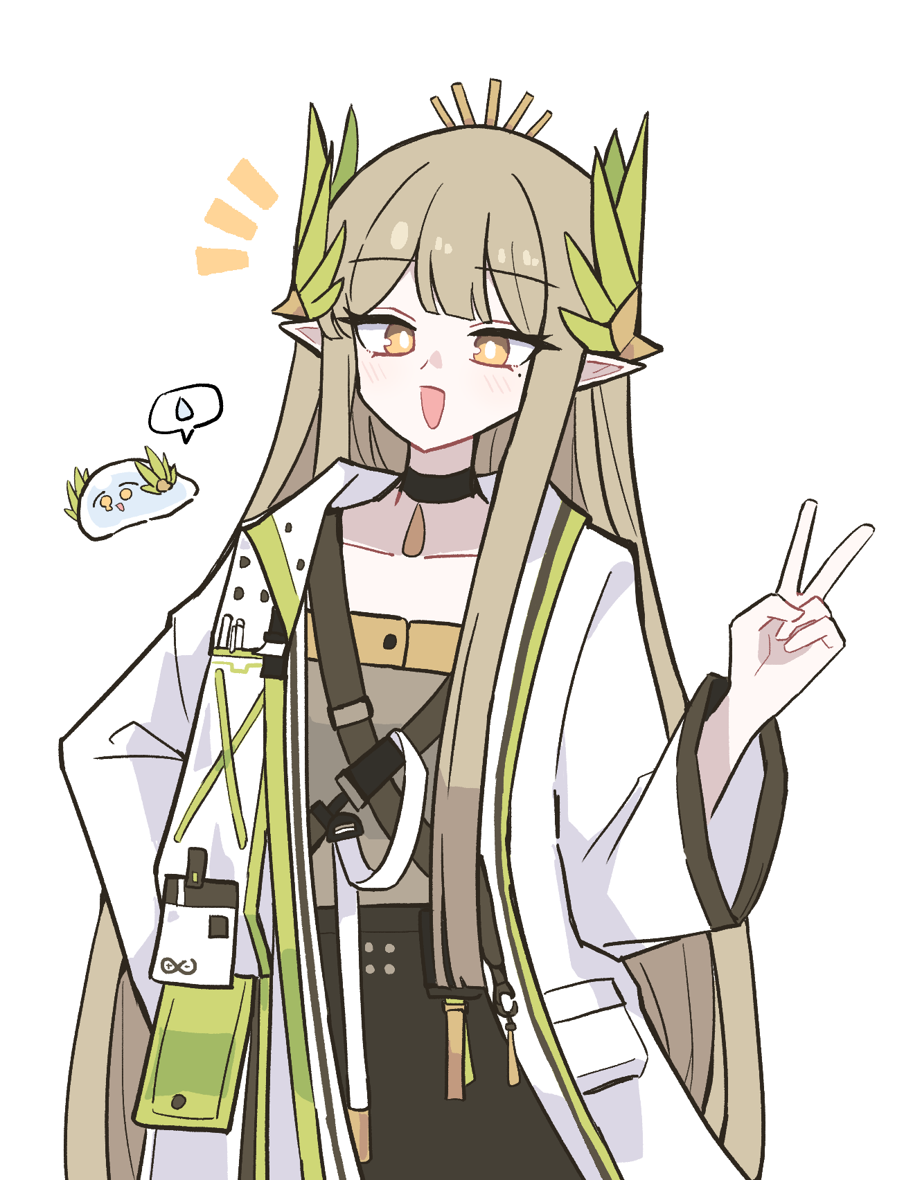 hmrsh, muelsyse (arknights), arknights, commentary, highres, 1girl, :d, black choker, blonde hair, bright pupils, choker, coat, creature, elf, lab coat, light blush, long hair, long sleeves, looking at viewer, mole, mole under eye, notice lines, open clothes, open coat, open mouth, pointy ears, rhine lab logo, simple background, smile, solo, v, white background, white coat, white pupils, yellow eyes