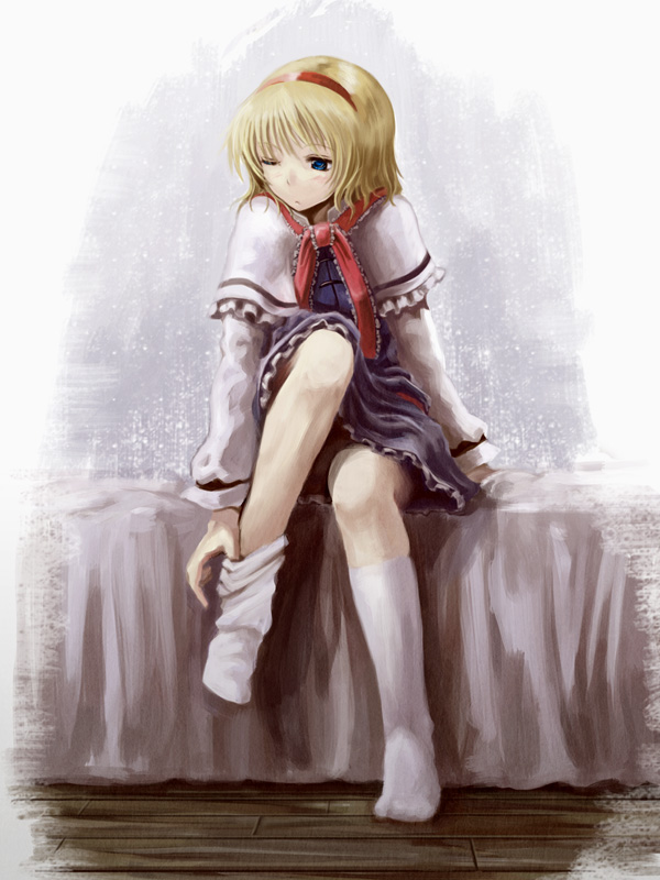 hyuuga azuri, alice margatroid, touhou, 1girl, arm support, bed, blonde hair, blue dress, blush, capelet, dress, feet, female focus, indoors, kneehighs, necktie, no shoes, on bed, one eye closed, short hair, sitting, sock pull, socks, solo, straight hair, upskirt, wink