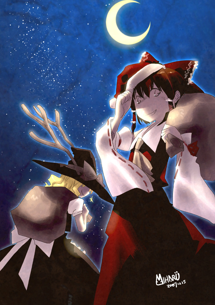miharu (cgsky), hakurei reimu, kirisame marisa, touhou, light, 2girls, blonde hair, christmas, female focus, moon, multiple girls, sky, smile, star (sky), star (symbol), starry sky