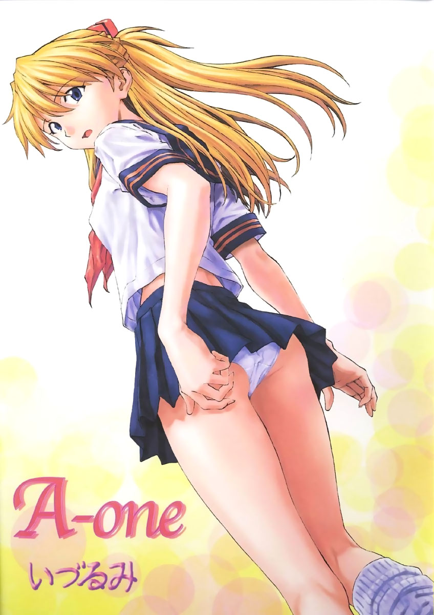 izurumi, souryuu asuka langley, neon genesis evangelion, highres, non-web source, 1girl, blue eyes, cover, cover page, dutch angle, female focus, hair ornament, kneepits, legs, long hair, looking back, loose socks, midriff, open mouth, orange hair, panties, pantyshot, school uniform, serafuku, skirt, socks, solo, standing, thighs, twintails, two side up, underwear, upskirt, white panties