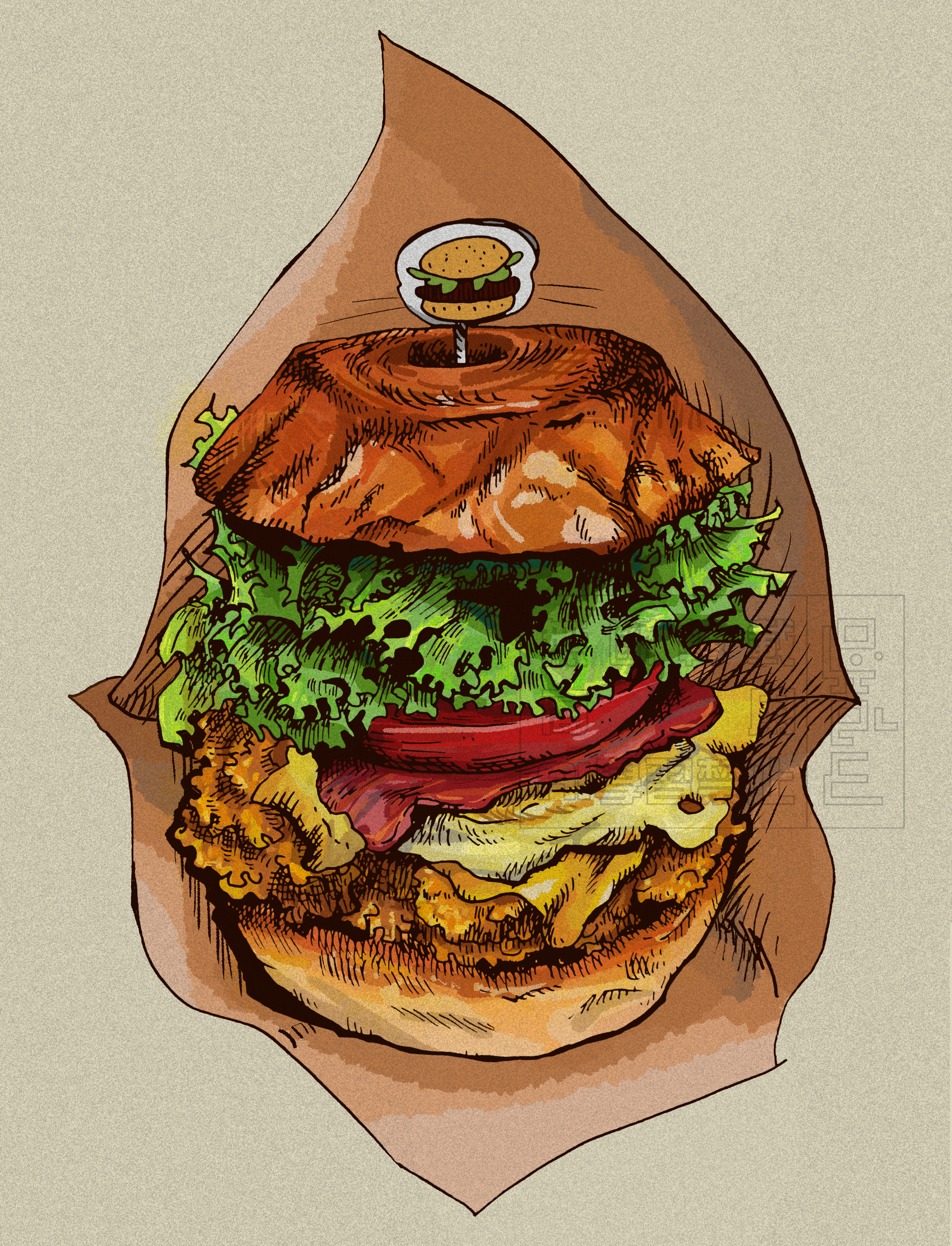 sungayking, original, absurdres, highres, bread, bread bun, burger, cheese, chicken (food), food, food focus, grey background, lettuce, meat, no humans, tomato, tomato slice, watermark