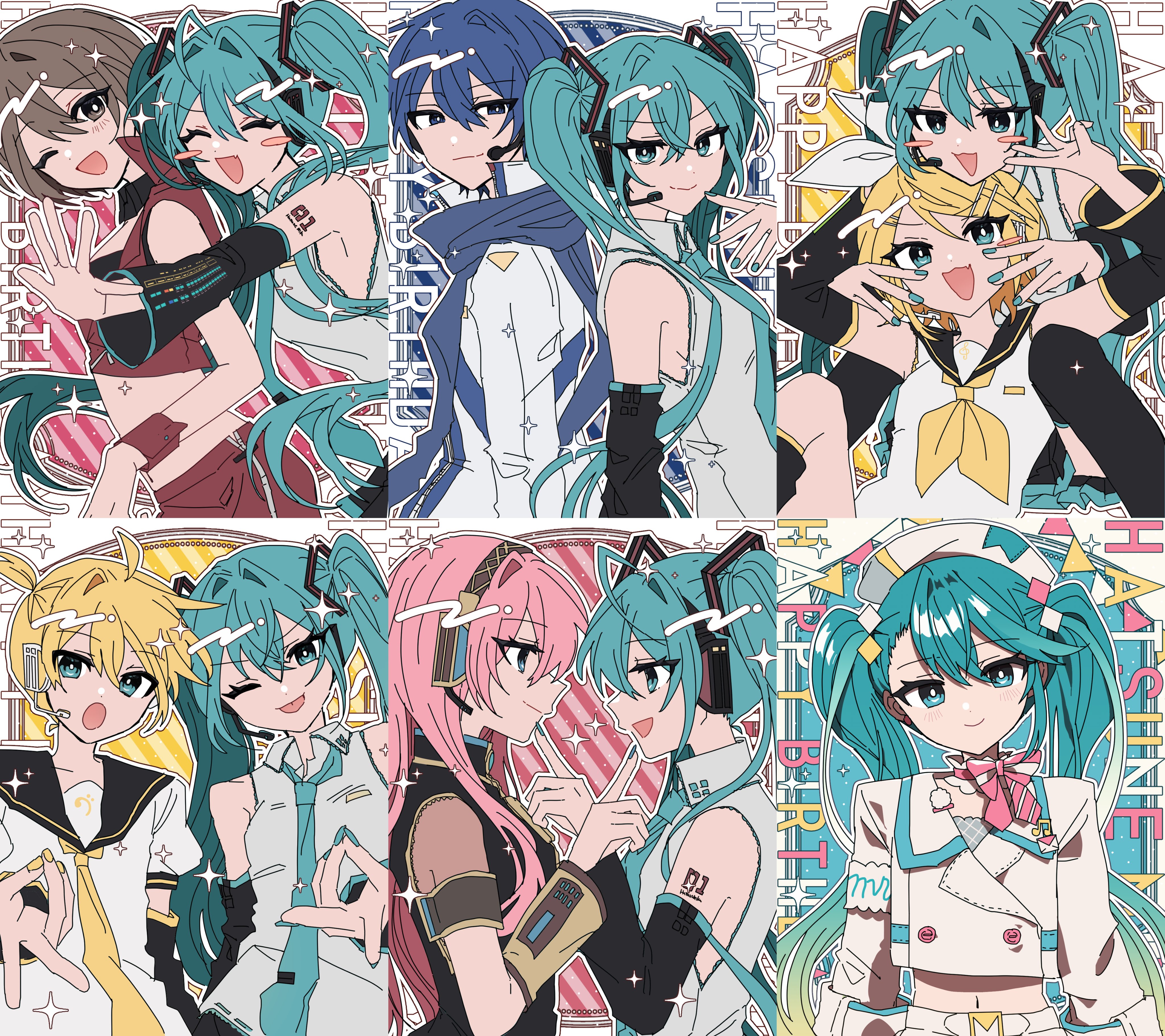 danjou sora, hatsune miku, kagamine len, kagamine rin, kaito (vocaloid), magical mirai miku, magical mirai miku (2024), megurine luka, meiko (vocaloid), magical mirai (vocaloid), vocaloid, absurdres, highres, 2boys, 4girls, :d, aqua eyes, aqua hair, aqua necktie, arm warmers, bare shoulders, black sailor collar, black sleeves, blonde hair, blue eyes, blue hair, blue scarf, blush stickers, bow, brown eyes, brown hair, closed eyes, closed mouth, coat, collared shirt, crop top, detached sleeves, grey shirt, grid background, hair between eyes, hair bow, hair intakes, hair ornament, hairband, hairclip, hat, headphones, headset, jacket, long hair, long sleeves, looking at viewer, midriff, multiple boys, multiple girls, nail polish, navel, neck ribbon, neckerchief, necktie, number tattoo, one eye closed, open mouth, pink hair, red skirt, ribbon, sailor collar, scarf, shirt, short hair, short sleeves, skirt, sleeveless, sleeveless shirt, smile, sparkle, tattoo, tongue, tongue out, twintails, upper body, v-shaped eyebrows, very long hair, white bow, white coat, white jacket, white shirt, yellow neckerchief, yellow necktie, yellow ribbon