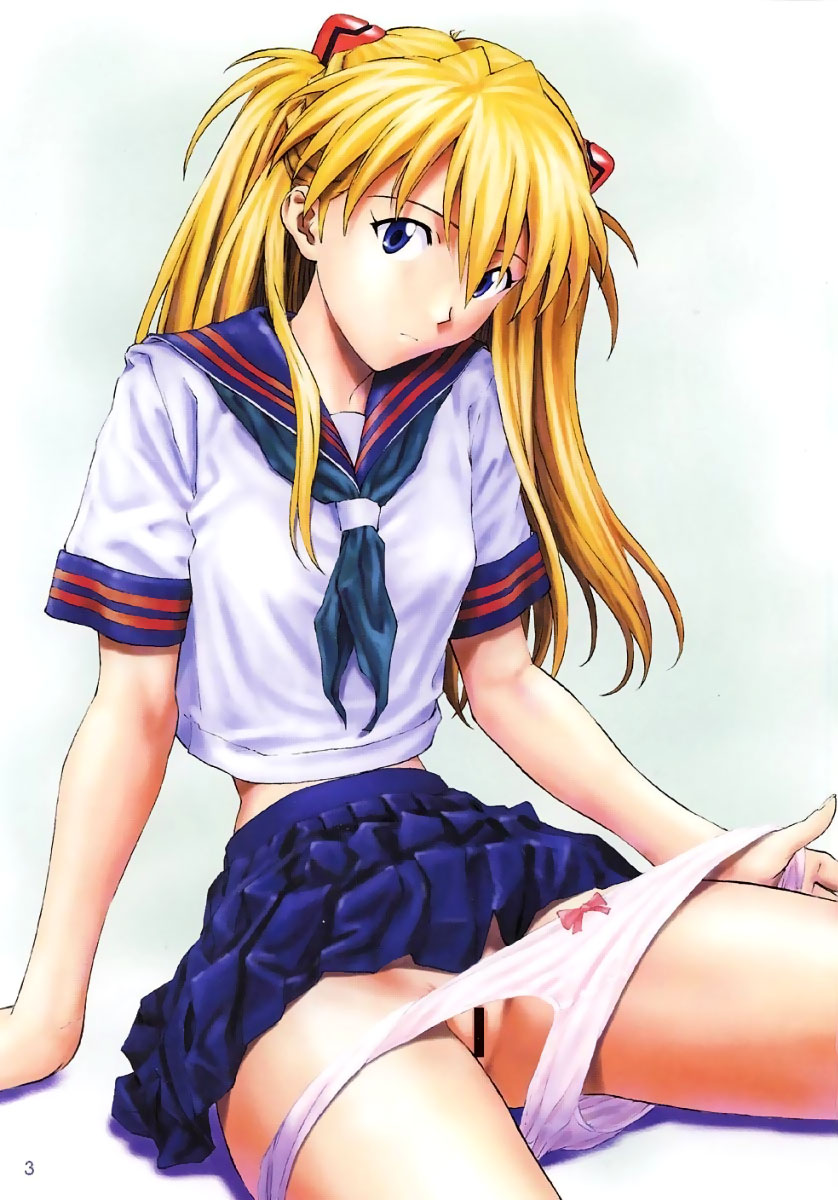 izurumi, souryuu asuka langley, neon genesis evangelion, highres, non-web source, 1girl, blue eyes, bow, bow panties, censored, clothes lift, female focus, hair ornament, long hair, orange hair, panties, panty pull, pussy, school uniform, serafuku, sitting, skirt, skirt lift, solo, twintails, two side up, underwear, white panties