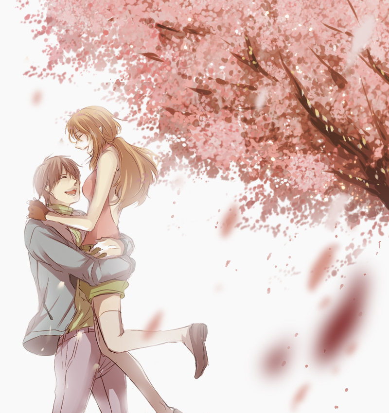 masso, christina sierra, lichtendahl tsery, gundam, gundam 00, bad id, bad pixiv id, 00s, 1boy, 1girl, ^ ^, arms around waist, brown hair, carrying, cherry blossoms, closed eyes, couple, gloves, hand on another's shoulder, hetero, jacket, long sleeves, motion blur, outdoors, pants, petals, profile, shoes, shorts, sleeveless, thighhighs, tree, white thighhighs