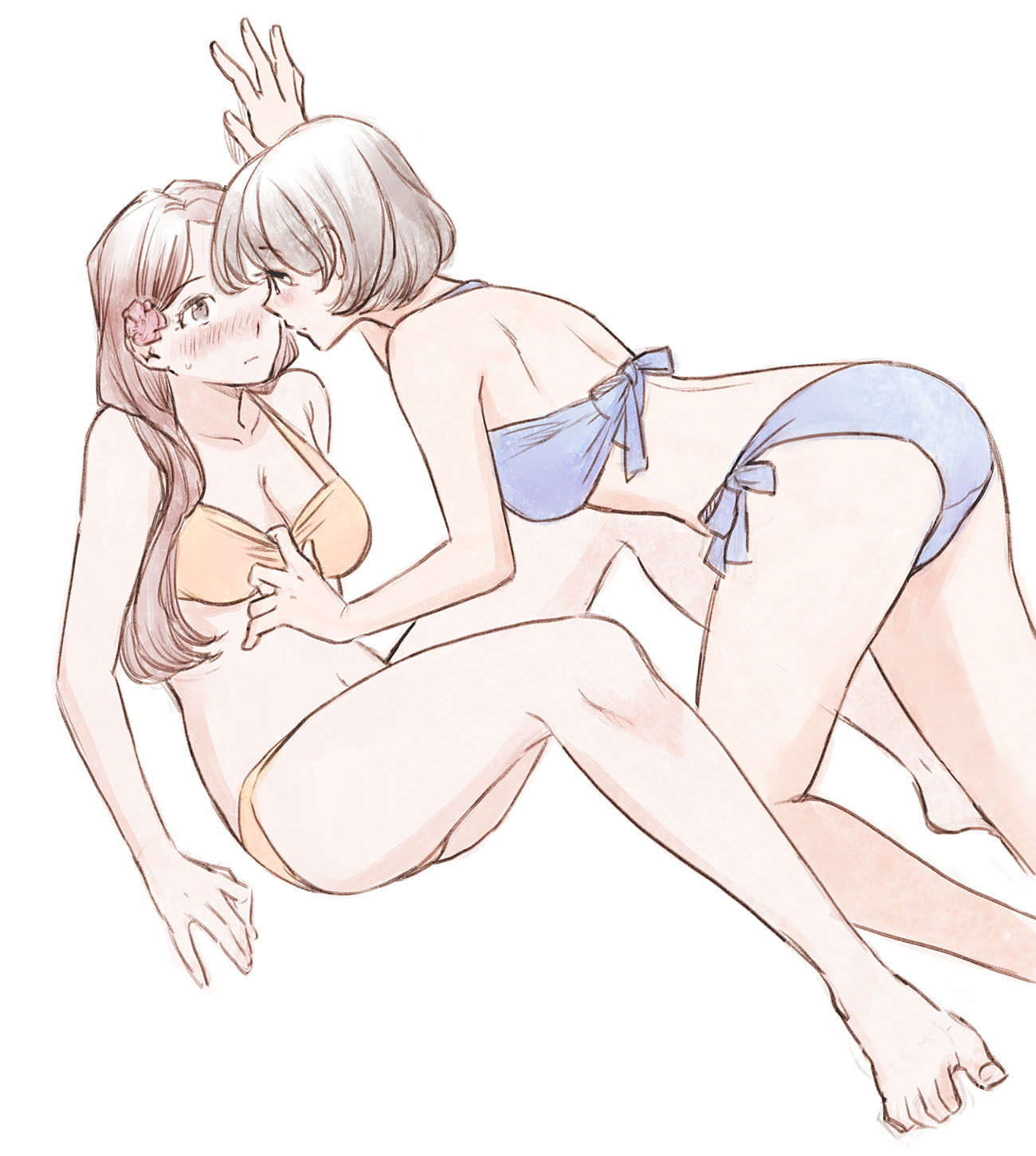 akiyama haru, original, commentary request, highres, 2girls, ass, barefoot, bikini, bikini pull, blue bikini, blush, bob cut, closed mouth, clothes pull, couple, eye contact, girl on top, hair over shoulder, long hair, looking at another, multiple girls, navel, nose blush, orange bikini, pulling another's clothes, reclining, short hair, simple background, stomach, sweatdrop, swimsuit, white background, yuri