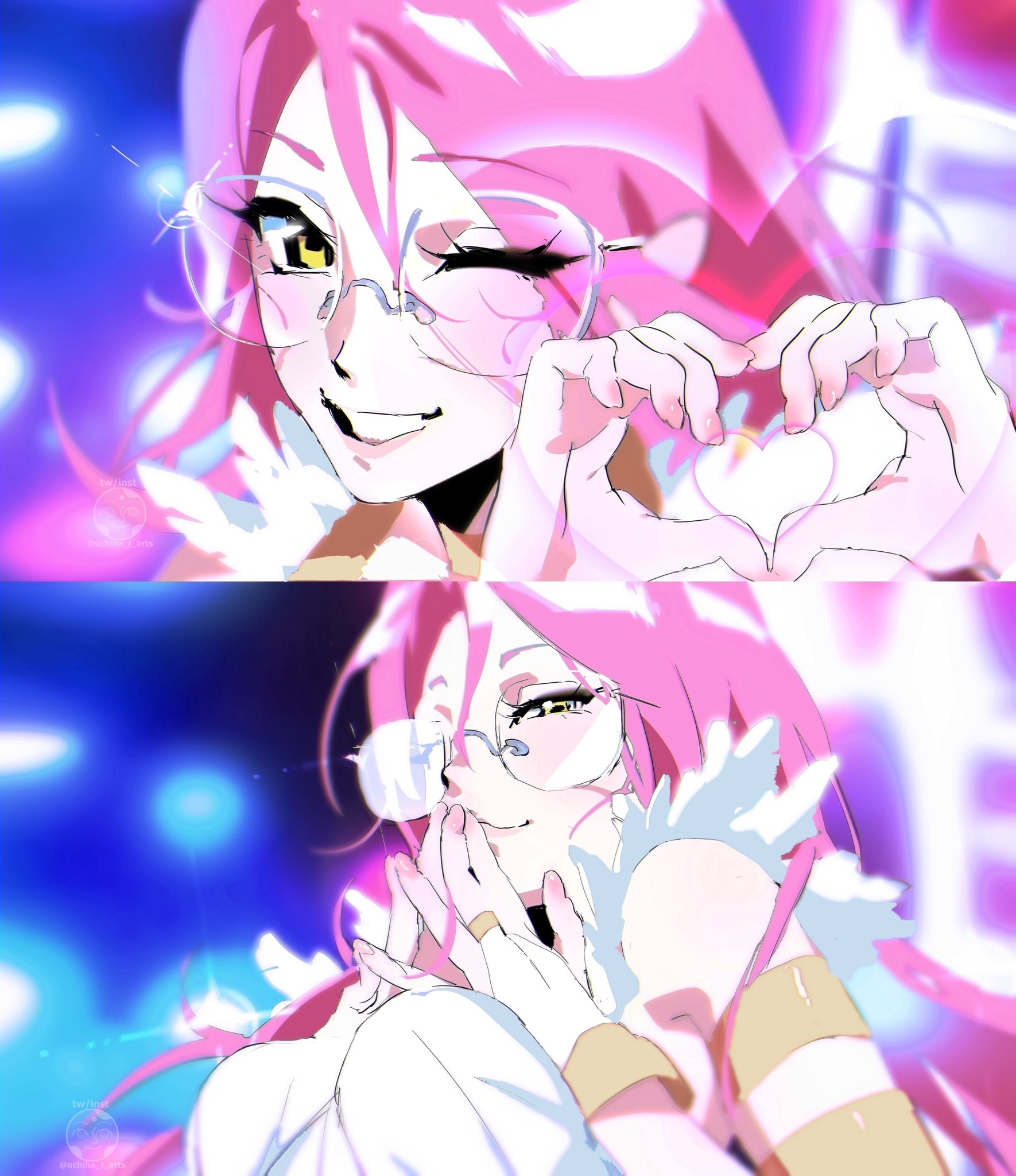uchiha i arts, mizi (alien stage), alien stage, panty & stocking with garterbelt, highres, 1girl, blurry, blurry background, four-finger heart hands, glasses, hand to own mouth, heart, heart hands, heart in heart hands, jewelry, long hair, looking at viewer, multiple views, one eye closed, own hands together, portrait, ring, smile, yellow eyes
