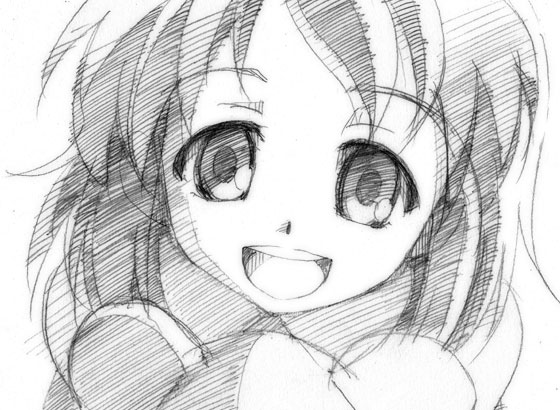 gofu, fumika, fumika (shigofumi ep10), shigofumi, traditional media, 00s, 1girl, :d, female focus, greyscale, monochrome, open mouth, sketch, smile, solo