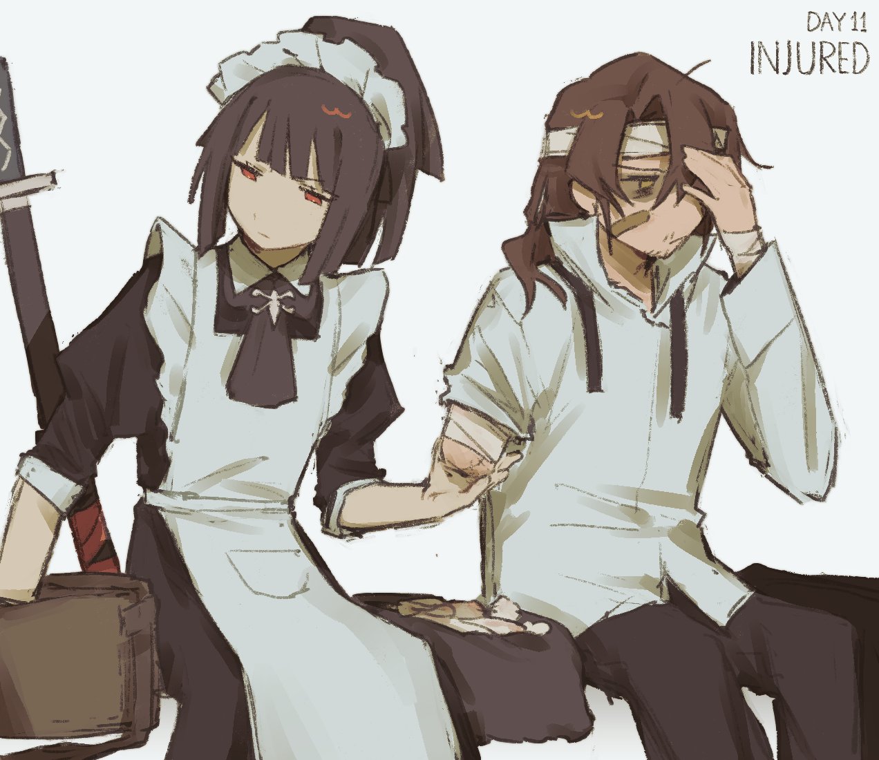 yobunkiii, gregor (project moon), ryoshu (project moon), limbus company, project moon, 1boy, 1girl, amputee, apron, bag, black dress, black hair, black pants, brown hair, collared shirt, dress, facial hair, juliet sleeves, long hair, long sleeves, looking to the side, low ponytail, maid apron, maid headdress, necktie, pants, ponytail, puffy sleeves, red eyes, shirt, simple background, sitting, undone necktie, upper body, white apron, white background, white shirt, wuthering heights (identity) (project moon)
