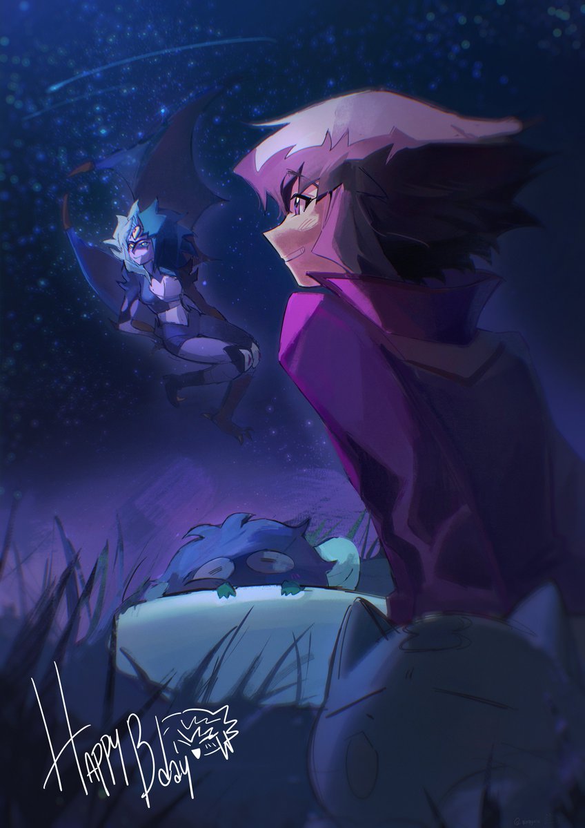 pharaoh (cat), winged kuriboh, yubel, yuki judai, yu-gi-oh!, yu-gi-oh! gx, angel wings, blue hair, blush, brown eyes, brown hair, cat, collared jacket, demon girl, demon wings, duel academy uniform (yu-gi-oh! gx), duel monster, extra eyes, jacket, multicolored hair, night, night sky, popped collar, qinggxin, red jacket, sitting, sky, smile, third eye, white hair, wings