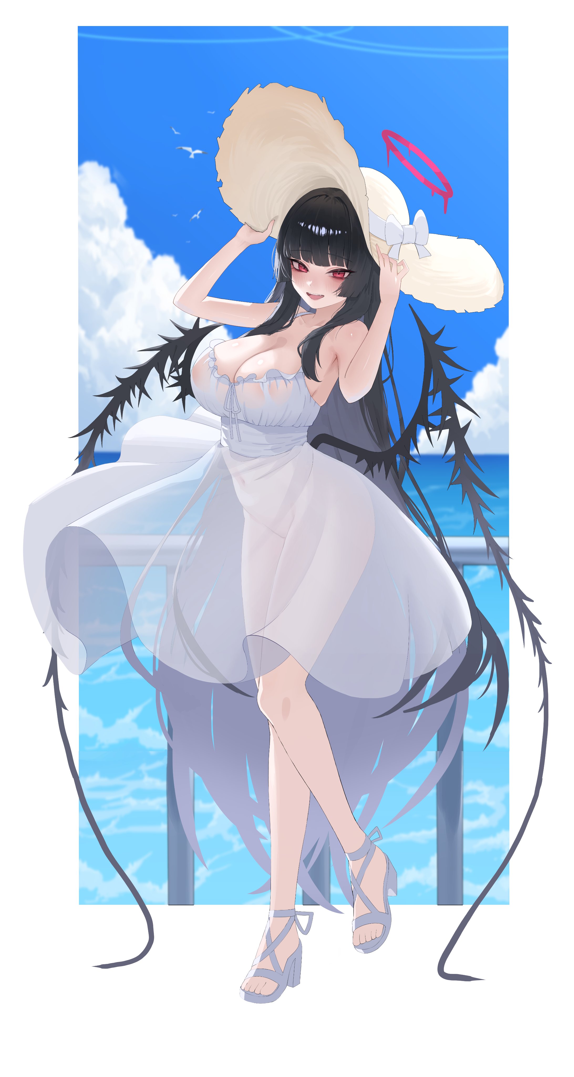 musclexm, tsurugi (blue archive), blue archive, absurdres, commentary request, highres, korean commentary, 1girl, alternate costume, bare arms, bare shoulders, black hair, black wings, blunt bangs, blush, border, breasts, covered erect nipples, dress, full body, halo, hat, large breasts, long hair, looking at viewer, open clothes, outside border, red eyes, red halo, see-through clothes, see-through dress, solo, sun hat, teeth, upper teeth only, very long hair, white border, white dress, wings, yellow hat