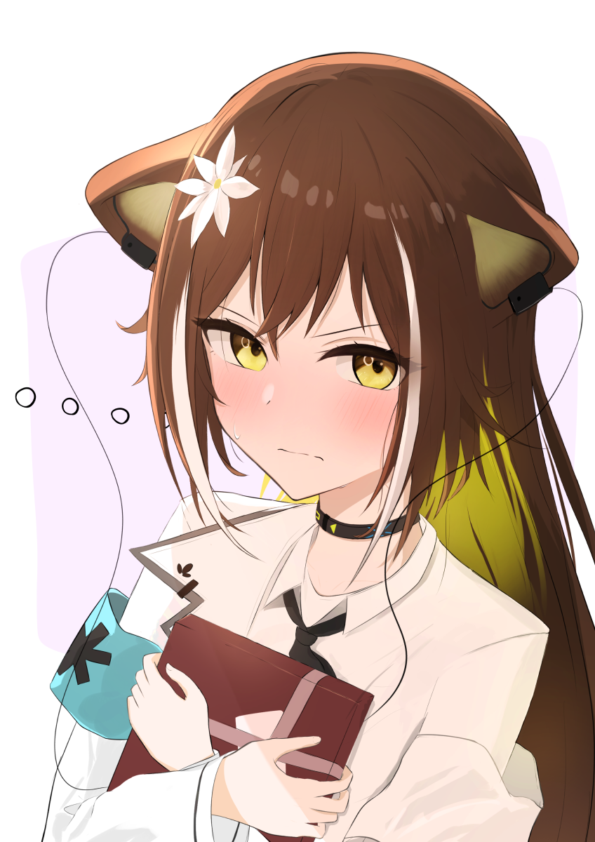 folinic (arknights), arknights, commentary, highres, …, 1girl, aduki (zrpw7545), animal ears, armband, black choker, blonde hair, blue armband, blush, brown hair, choker, closed mouth, colored inner hair, embarrassed, flower, hair flower, hair ornament, holding, long hair, long sleeves, looking at viewer, multicolored hair, solo, star of life, upper body, white flower, white hair, yellow eyes