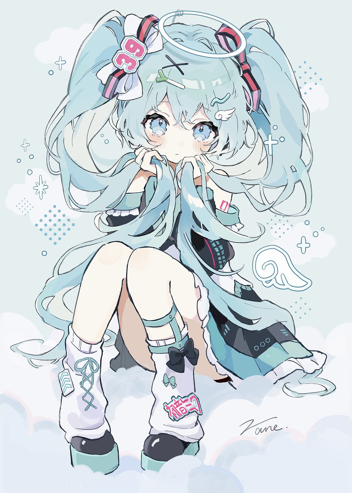 zane290, hatsune miku, vocaloid, highres, 1girl, black skirt, black sleeves, blue eyes, blue hair, blush, bow, closed mouth, detached sleeves, frills, full body, hair between eyes, hair bow, hair ornament, hairclip, halo, holding, knees up, leg warmers, long hair, looking at viewer, loose socks, shirt, signature, sitting, skirt, sleeveless, sleeveless shirt, socks, solo, tattoo, twintails, very long hair, white background, white socks, wings, x hair ornament