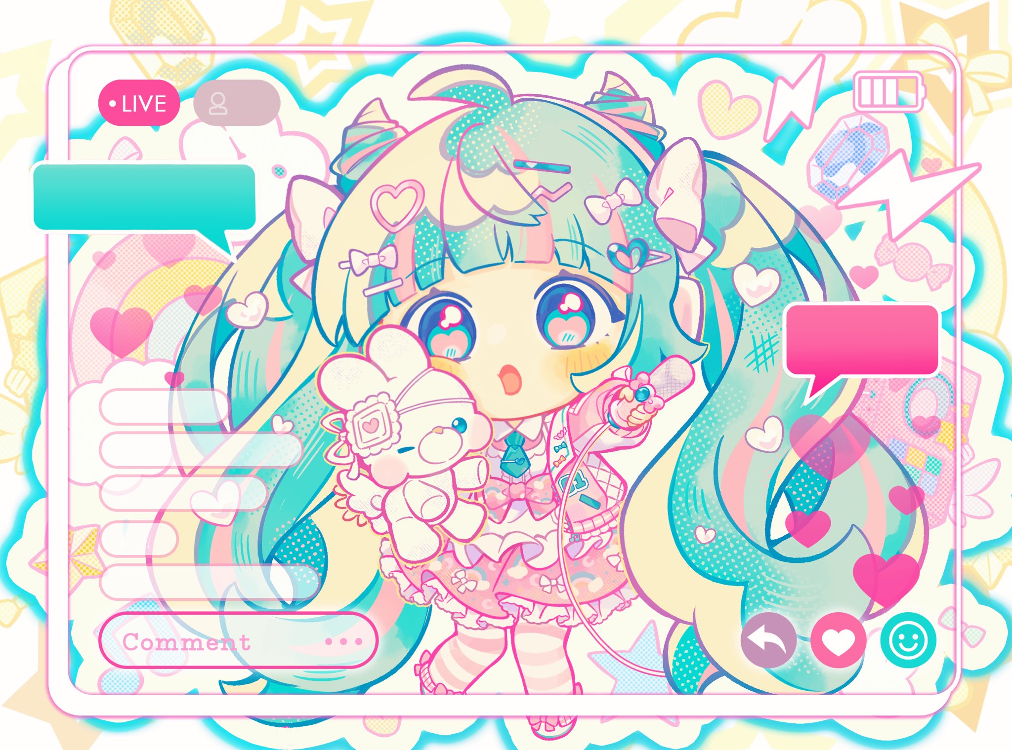 inomo (qimoshu), hatsune miku, vocaloid, highres, 1girl, :o, ahoge, aqua hair, battery indicator, blue eyes, blue hair, blunt bangs, blush, bow, candy, cellphone, cursor, double bun, dress, eyewear on head, food, frills, full body, hair bow, hair bun, hair ornament, hairclip, heart, holding, holding microphone, holding phone, holding stuffed toy, jacket, long hair, long sleeves, looking at viewer, microphone, multicolored hair, multiple hair bows, necktie, open mouth, pastel colors, phone, pink bow, pink hair, pink jacket, pink skirt, shirt, skirt, solo, streaked hair, striped clothes, striped thighhighs, stuffed animal, stuffed rabbit, stuffed toy, thighhighs, twintails, very long hair