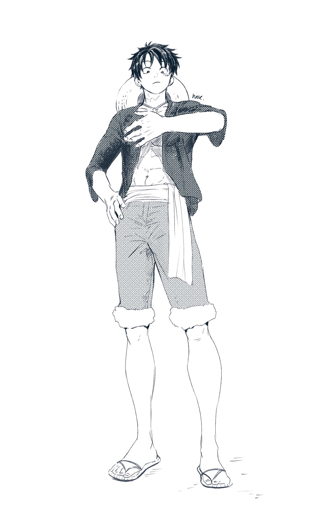 nok (nok 1), monkey d. luffy, one piece, commentary, highres, 1boy, cross scar, facial scar, full body, fur-trimmed shorts, fur trim, greyscale, hand on own hip, hat, looking at viewer, male focus, monochrome, open clothes, open shirt, sandals, sash, scar, scar on cheek, scar on chest, scar on face, short hair, shorts, solo, standing, straw hat, unworn hat, unworn headwear, white background