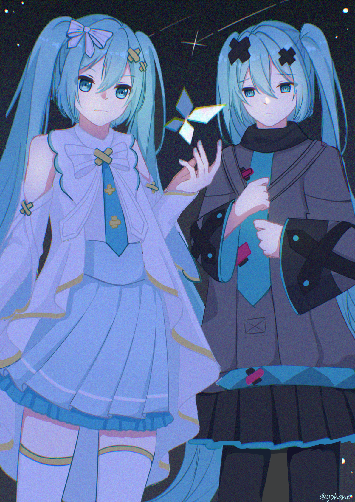 batsu miku, hatsune miku, hiramado miku, kowareta sekai to utaenai miku, project sekai, vocaloid, highres, 2girls, aqua eyes, aqua hair, aqua trim, black skirt, bow, closed mouth, dress, dual persona, grey jacket, hair between eyes, hair bow, hair ornament, jacket, long hair, long sleeves, miku day, miniskirt, multiple girls, pleated skirt, skirt, thighhighs, turtleneck, turtleneck jacket, twintails, very long hair, white dress, white thighhighs, wide sleeves, x hair ornament, yohane (a1625284606), zettai ryouiki