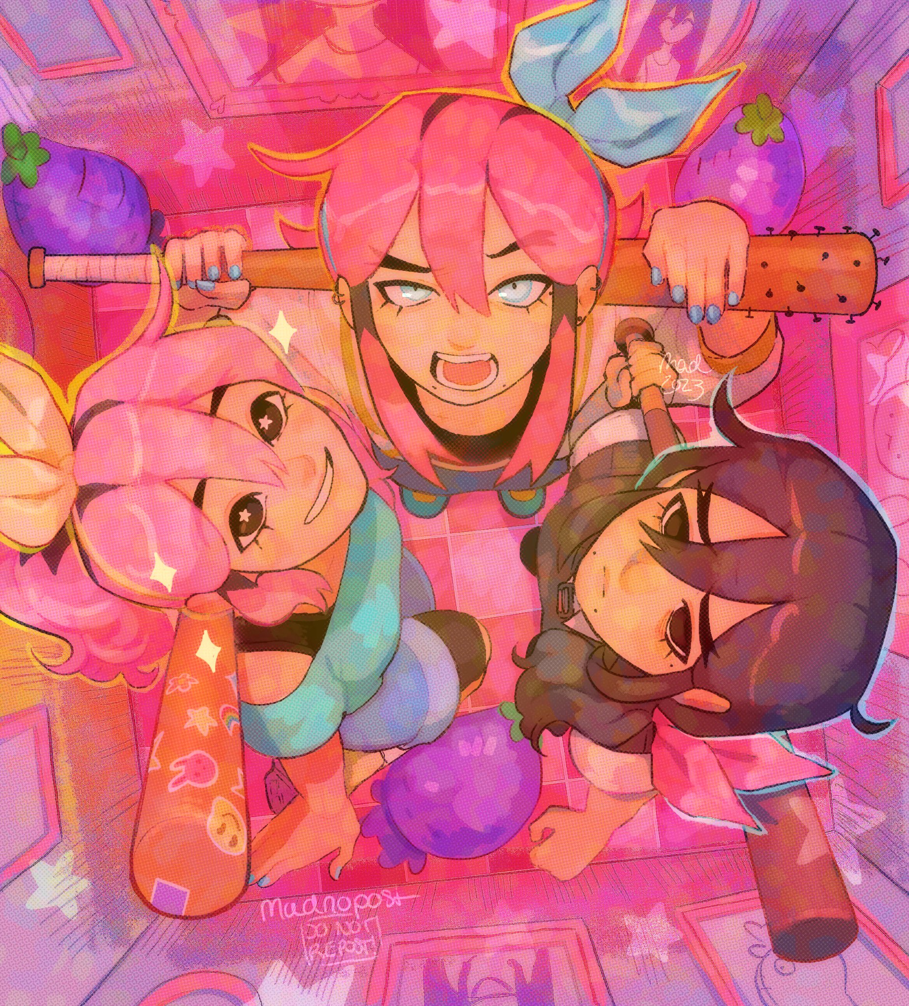 madnopost, aubrey (faraway) (omori), aubrey (omori), mr. plantegg (omori), omori, highres, 3girls, alternate costume, alternate hairstyle, alternate universe, baseball bat, black hair, blue eyes, blue hairband, blue nails, blue shirt, bra strap, closed mouth, double-parted bangs, emori (shrimperini), hair ribbon, hairband, holding, holding baseball bat, jacket, long hair, low ponytail, mole, mole under mouth, multicolored hair, multiple girls, nail (hardware), nail bat, off-shoulder shirt, off shoulder, open mouth, parted lips, pink hair, pink ribbon, ponytail, ribbon, shirt, star-shaped pupils, star (symbol), sticker, stuffed eggplant, symbol-shaped pupils, teeth, tongue, white jacket, yellow hairband