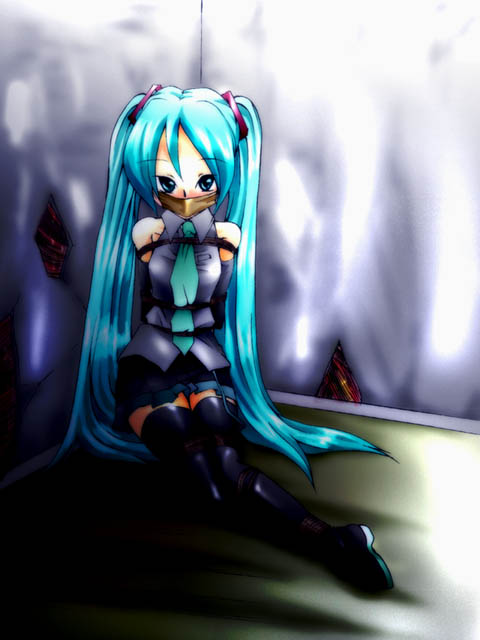 hachikumo, hatsune miku, vocaloid, 1girl, aqua hair, arms behind back, bdsm, bondage, bound, bound ankles, box tie, breast bondage, breasts, female focus, gag, gagged, improvised gag, long hair, rope, solo, tape, tape gag, thighhighs, twintails, very long hair