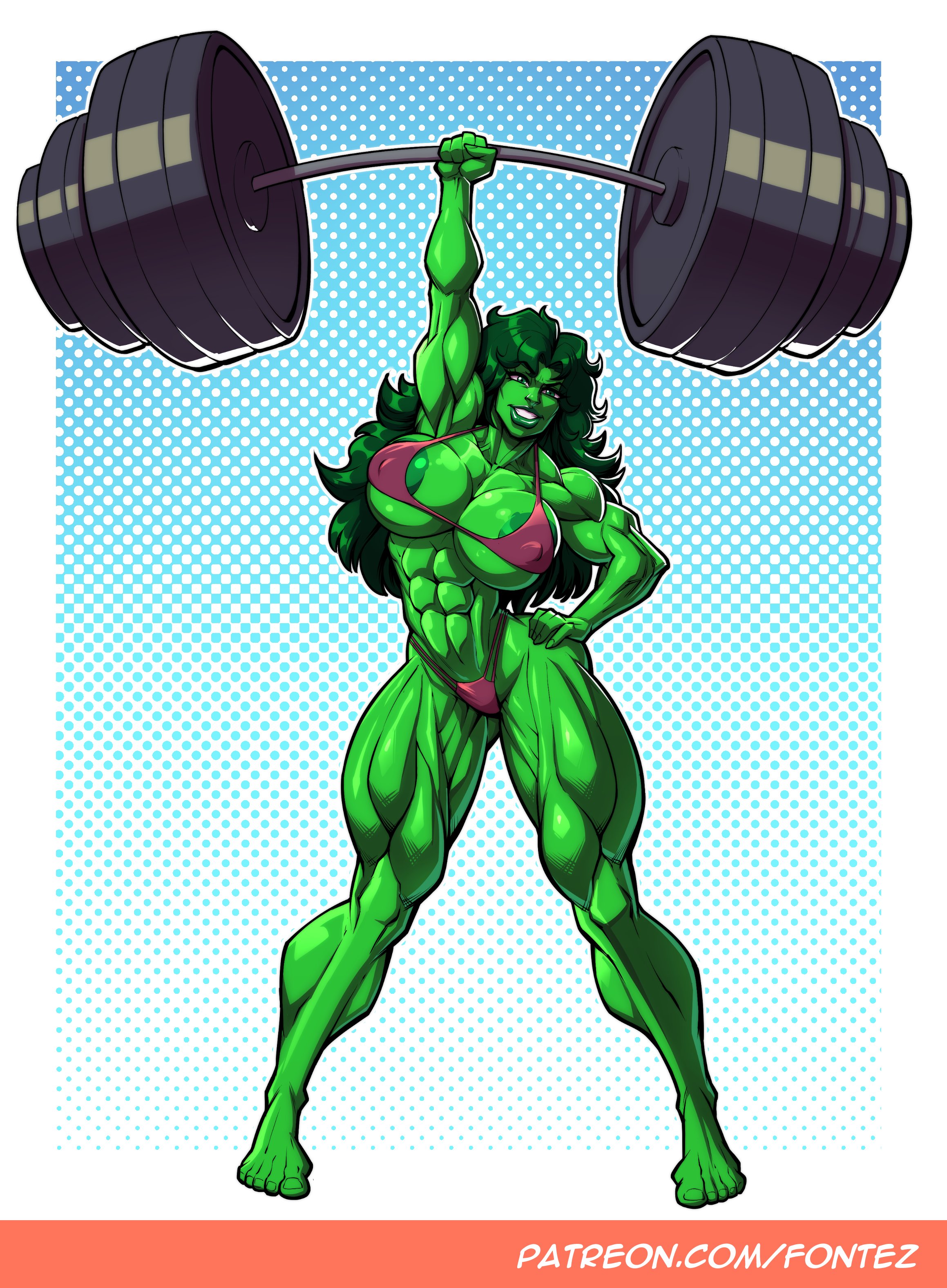 fontez, she-hulk, marvel, absurdres, highres, 1girl, abs, arm up, artist name, barbell, bikini, breasts, colored skin, exercising, full moon, green eyes, green hair, green skin, huge breasts, long hair, looking at viewer, moon, muscular, muscular female, patreon username, purple bikini, solo, swimsuit, watermark, web address, weightlifting