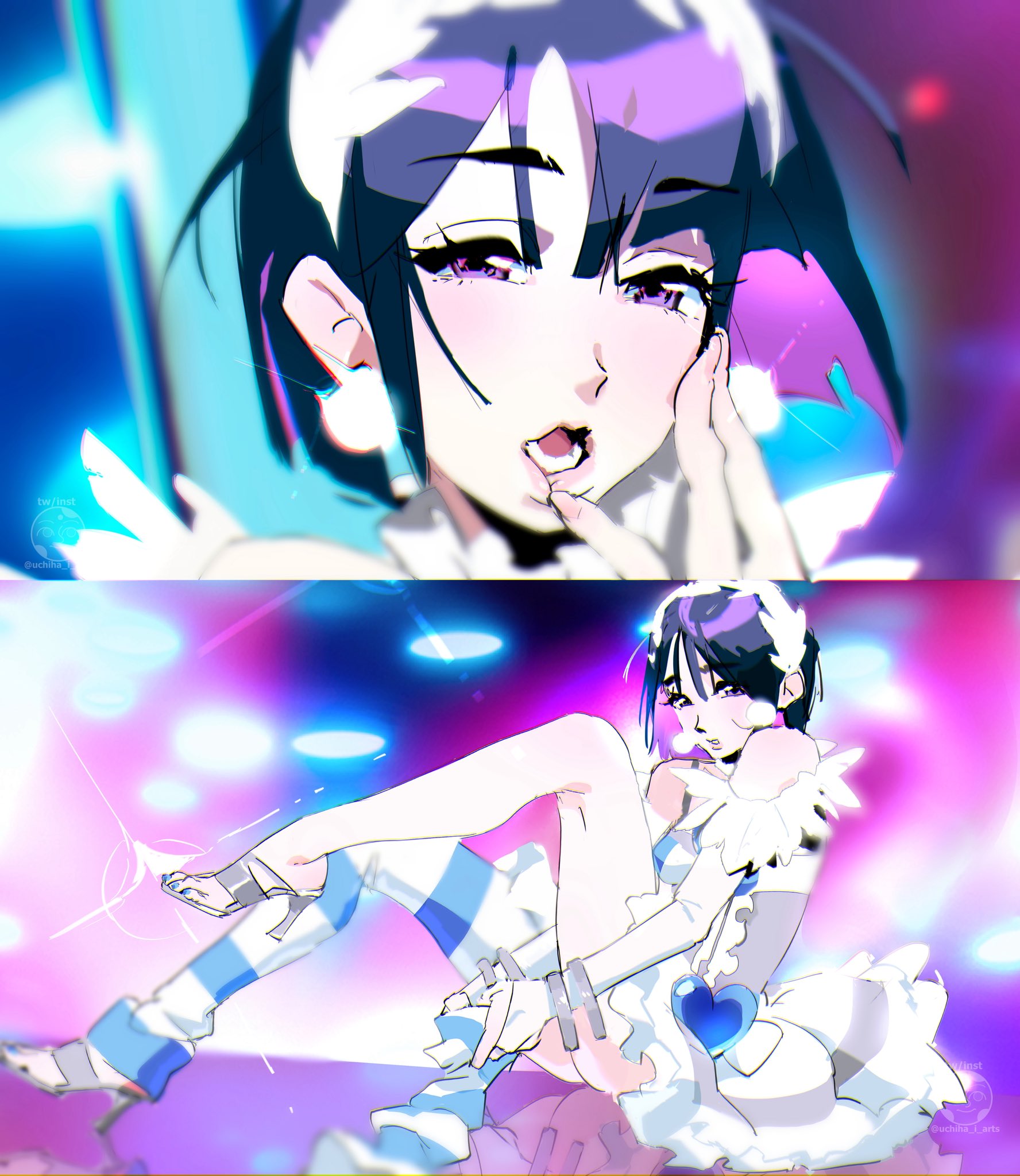 uchiha i arts, sua (alien stage), alien stage, panty & stocking with garterbelt, highres, 1girl, black hair, blurry, blurry background, finger to mouth, full body, hair between eyes, headband, high heels, looking at viewer, lower teeth only, multiple views, open mouth, portrait, purple eyes, removing legwear, single bare leg, striped leggings, teeth, white headband