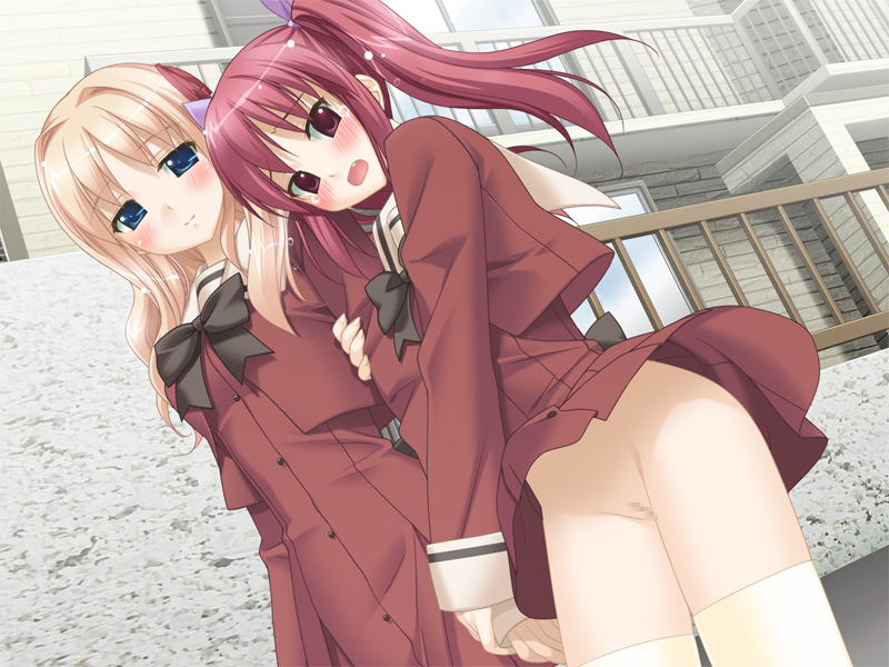 kani biimu, matsubara yuuna, oda nanami, sono hanabira ni kuchizuke wo, arm grab, game cg, 2girls, blonde hair, blue eyes, blush, censored, day, dutch angle, embarrassed, exhibitionism, humiliation, looking at viewer, mosaic censoring, multiple girls, no panties, outdoors, public indecency, public nudity, pussy, red eyes, red hair, road, standing, street, thighhighs, twintails, upskirt, wardrobe malfunction, wind, wind lift, yuri