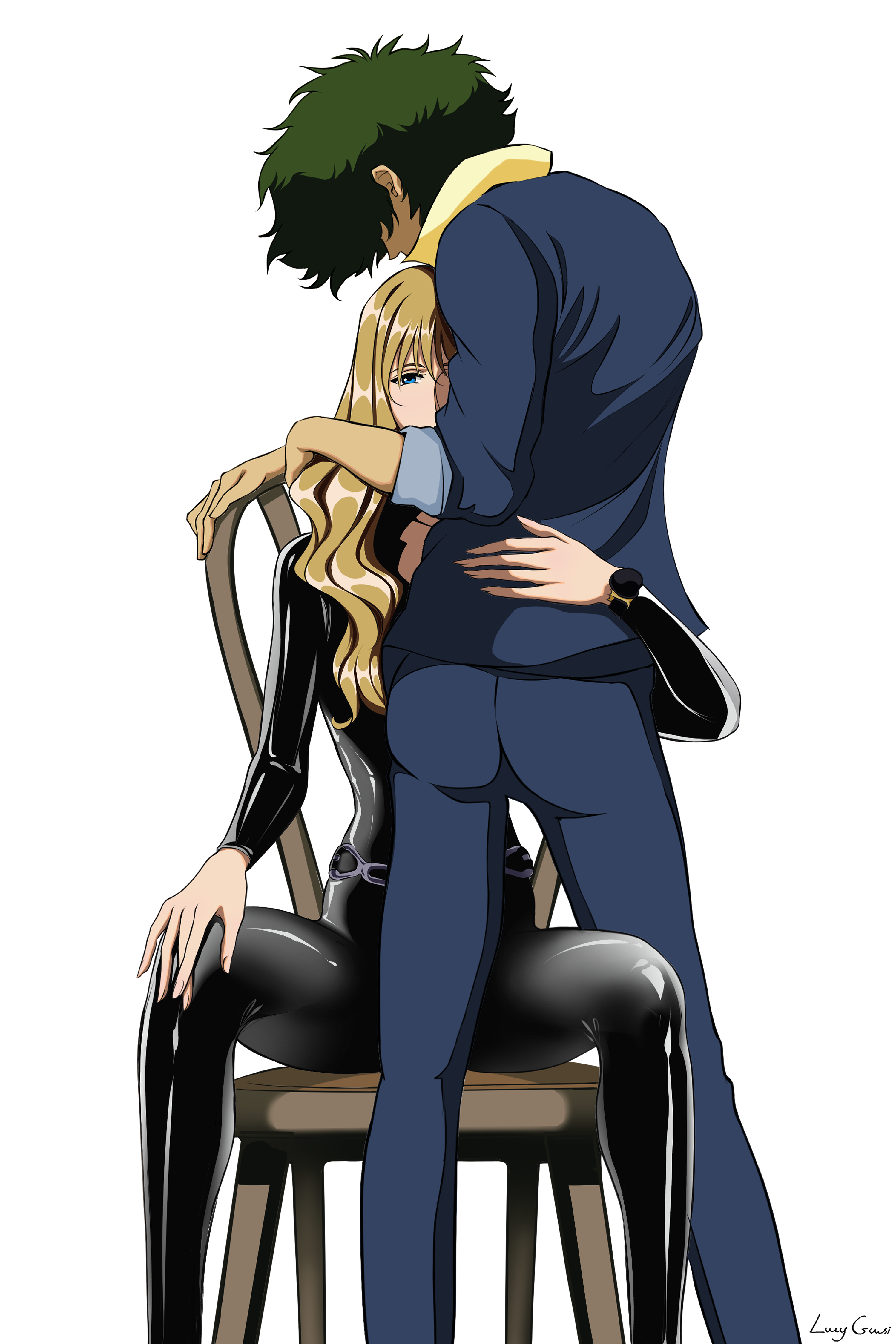 lucyguusi, julia (cowboy bebop), spike spiegel, cowboy bebop, 1boy, 1girl, belt, blonde hair, blue eyes, catsuit, couple, curly hair, green hair, hug, leather