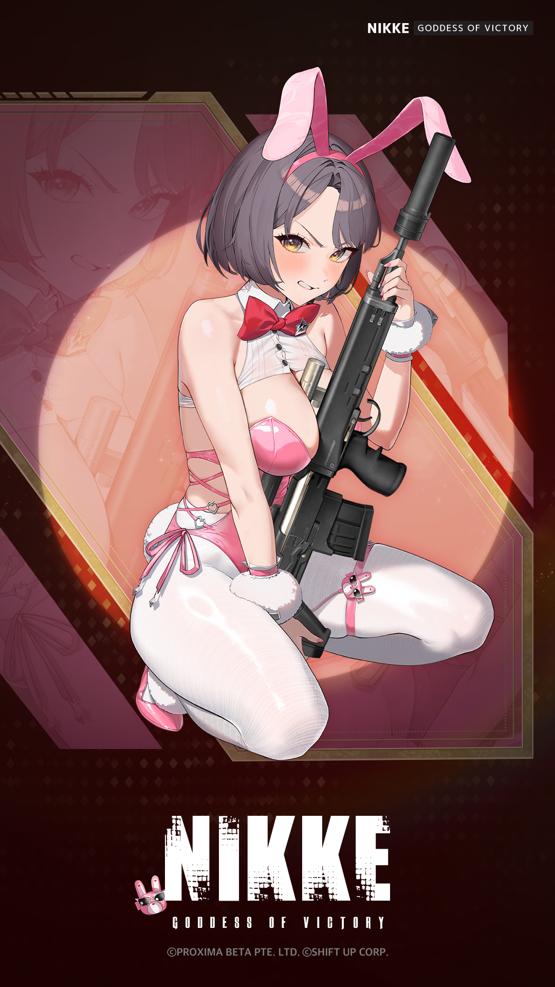 milk (blooming bunny) (nikke), milk (nikke), goddess of victory: nikke, highres, official art, 1girl, animal ears, assault rifle, black hair, bow, bowtie, breasts, brown eyes, bullpup, cleavage, clenched teeth, dragunov svu, fake animal ears, frown, gun, high heels, holding, holding gun, holding weapon, large breasts, leotard, looking at viewer, medium hair, official alternate costume, pantyhose, pink bow, pink bowtie, pink leotard, playboy bunny, rabbit ears, rifle, sniper rifle, solo, squatting, suppressor, teeth, weapon, white pantyhose