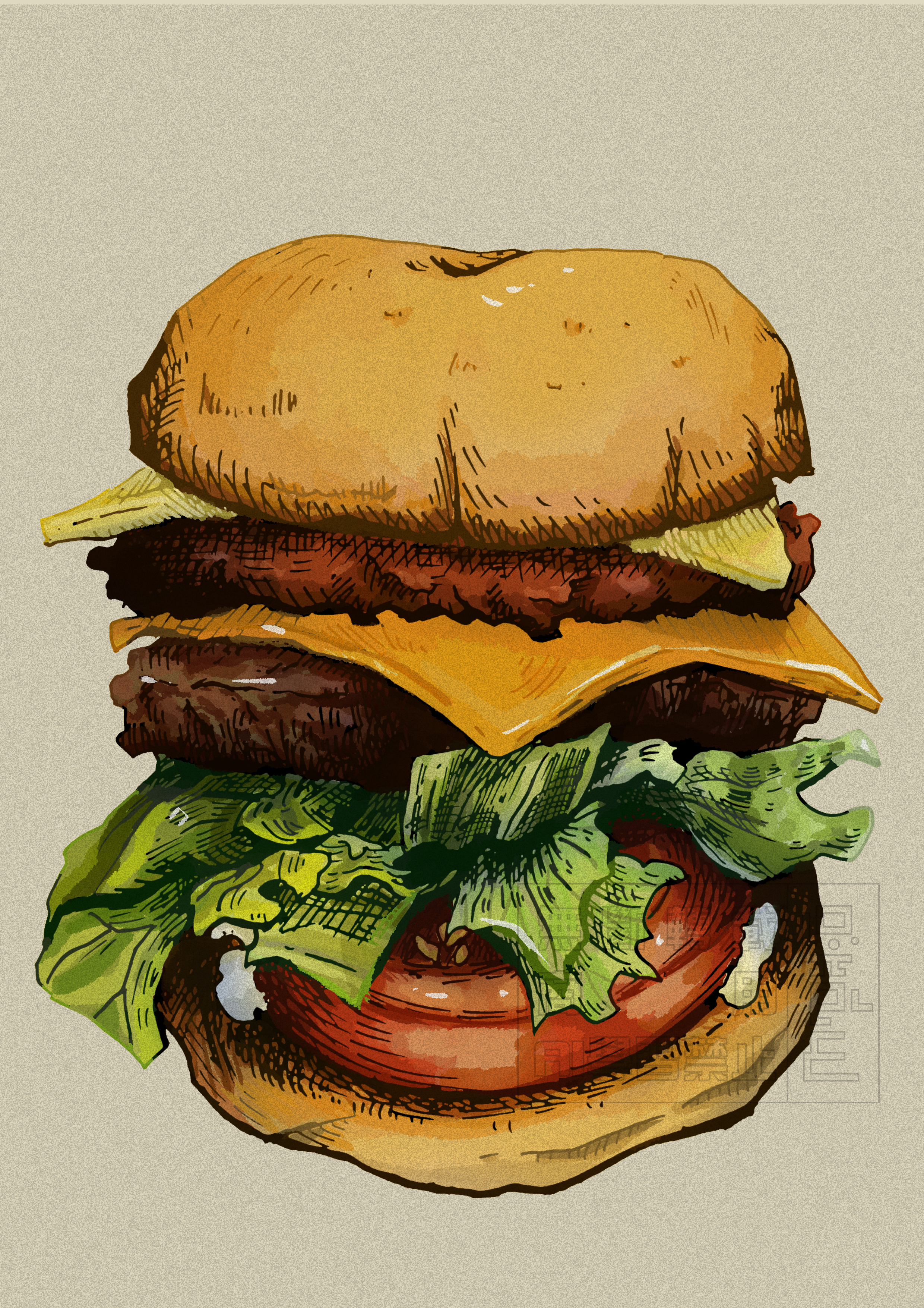 sungayking, original, absurdres, highres, bread, bread bun, burger, cheese, food, food focus, grey background, lettuce, mayonnaise, meat, no humans, tomato, tomato slice