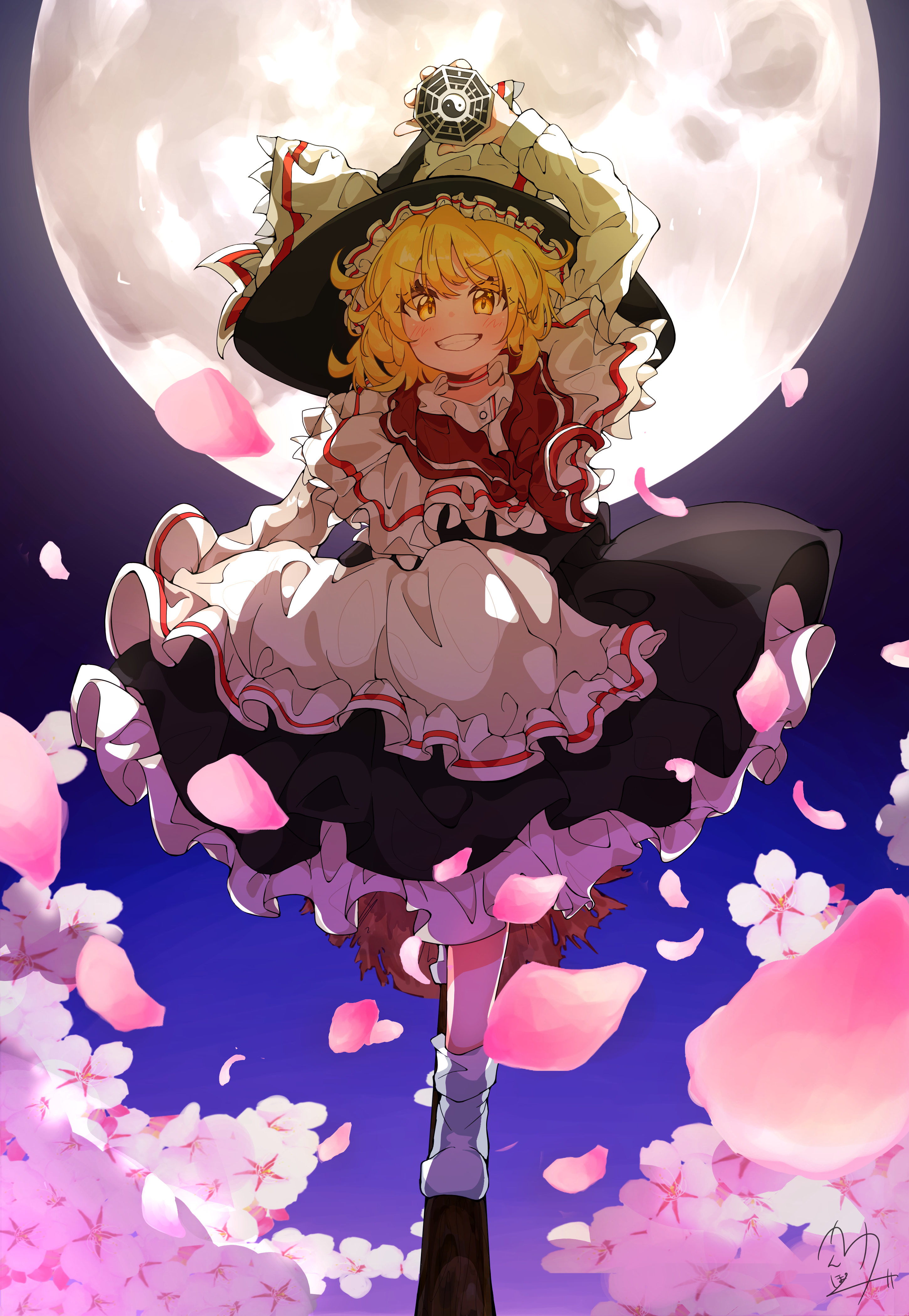 kirisame marisa, touhou, absurdres, highres, 1girl, apron, arm up, black dress, black hat, blonde hair, broom, broom surfing, cherry blossoms, dress, full body, full moon, grin, hat, kannpoyu, long hair, long sleeves, looking at viewer, mini-hakkero, moon, night, outdoors, petticoat, signature, smile, socks, solo, white apron, white socks, witch, witch hat, yellow eyes