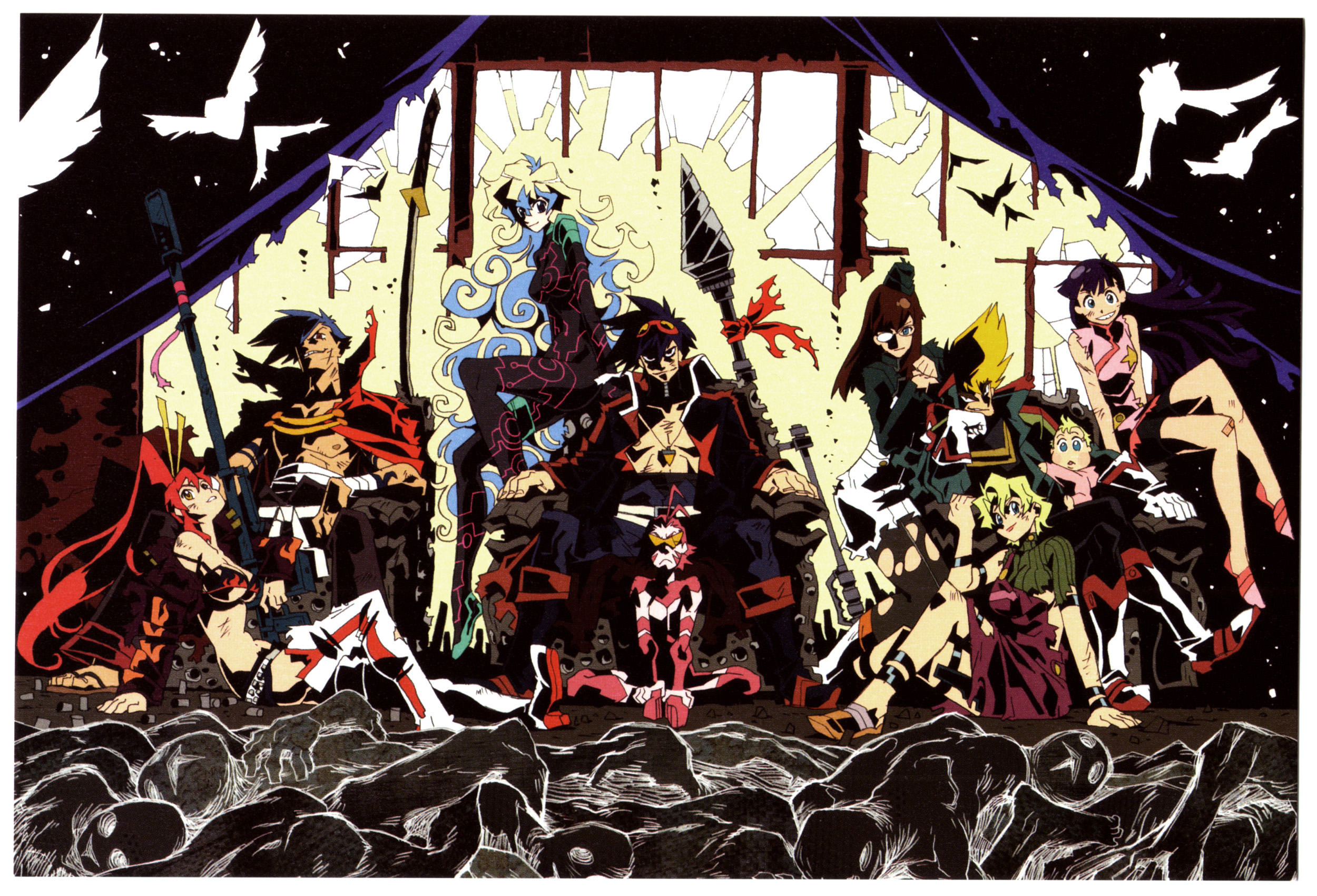 imaishi hiroyuki, anne (ttgl), antispiral, antispiral nia, boota (ttgl), kamina (ttgl), kinon bachika, kittan bachika, kiyal bachika, kiyoh bachika, nia teppelin, simon (ttgl), yoko littner, tengen toppa gurren lagann, highres, official art, 00s, 4boys, 6+girls, anti-spiral, corpse, cross-shaped pupils, epic, gainaxtop, high contrast, manly, multiple boys, multiple girls, sarashi, symbol-shaped pupils, throne