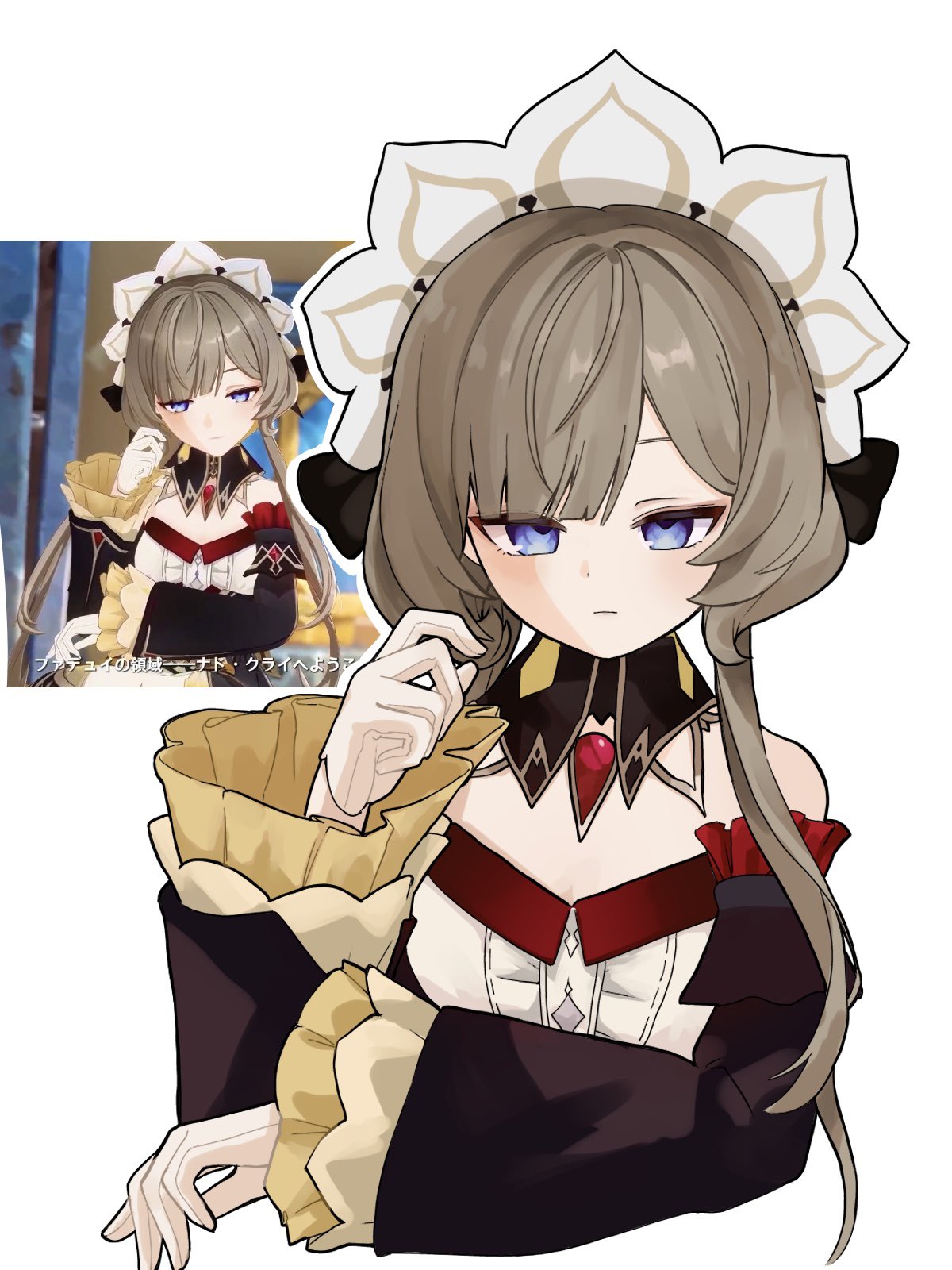 sandrone (genshin impact), genshin impact, highres, official art, 1girl, bare shoulders, blue eyes, breasts, brown hair, detached sleeves, dress, frills, gem, gloves, long bangs, long hair, looking at viewer, maid headdress, nogu1313, solo