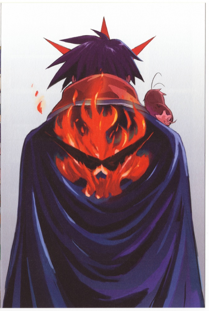 boota (ttgl), simon (ttgl), tengen toppa gurren lagann, official art, 00s, 1boy, aged up, cape, fire, jacket, male focus, manly, solo