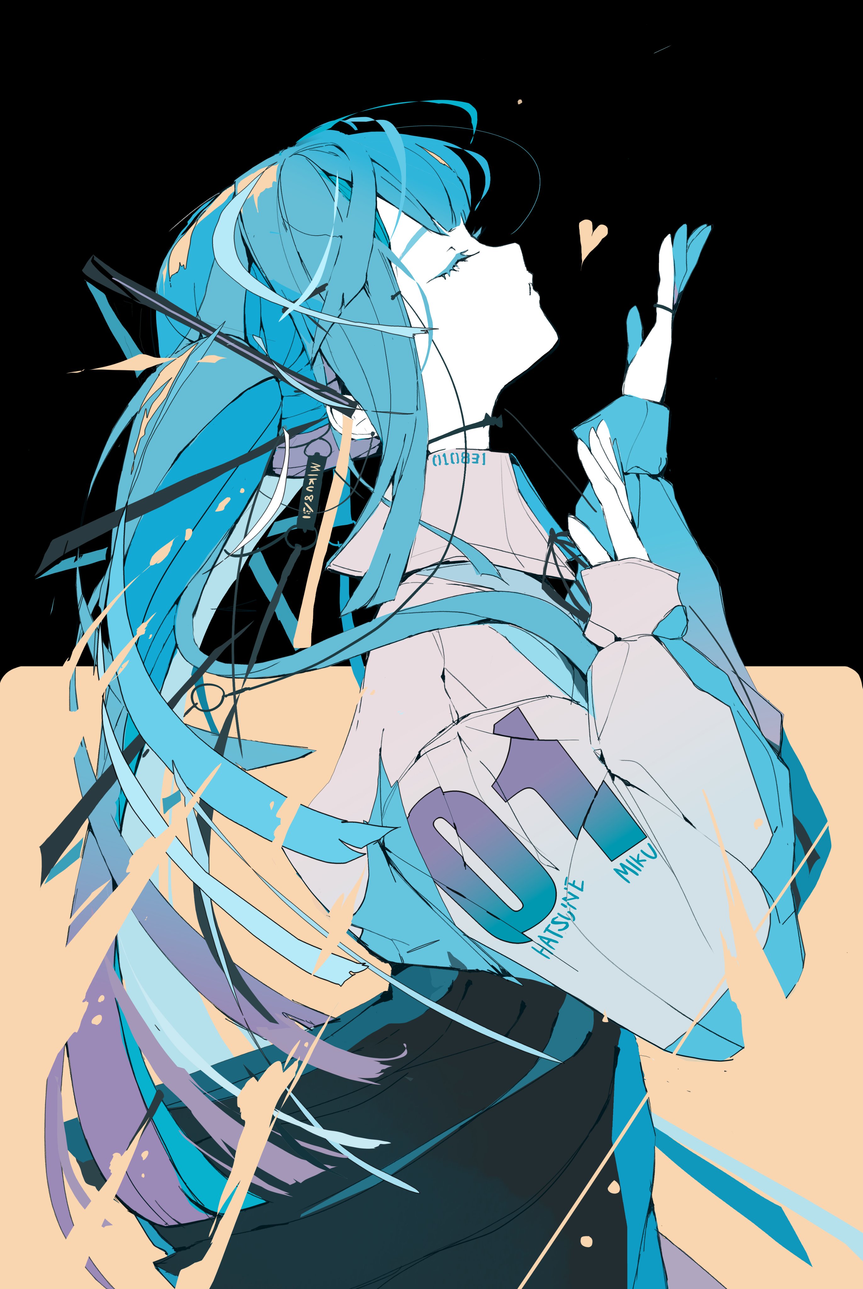 nocopyrightgirl, hatsune miku, vocaloid, absurdres, highres, 1girl, android, black background, black skirt, blue hair, closed eyes, cowboy shot, from side, hands up, heart, jacket, long hair, long sleeves, profile, skirt, solo, twintails, two-tone background, very long hair