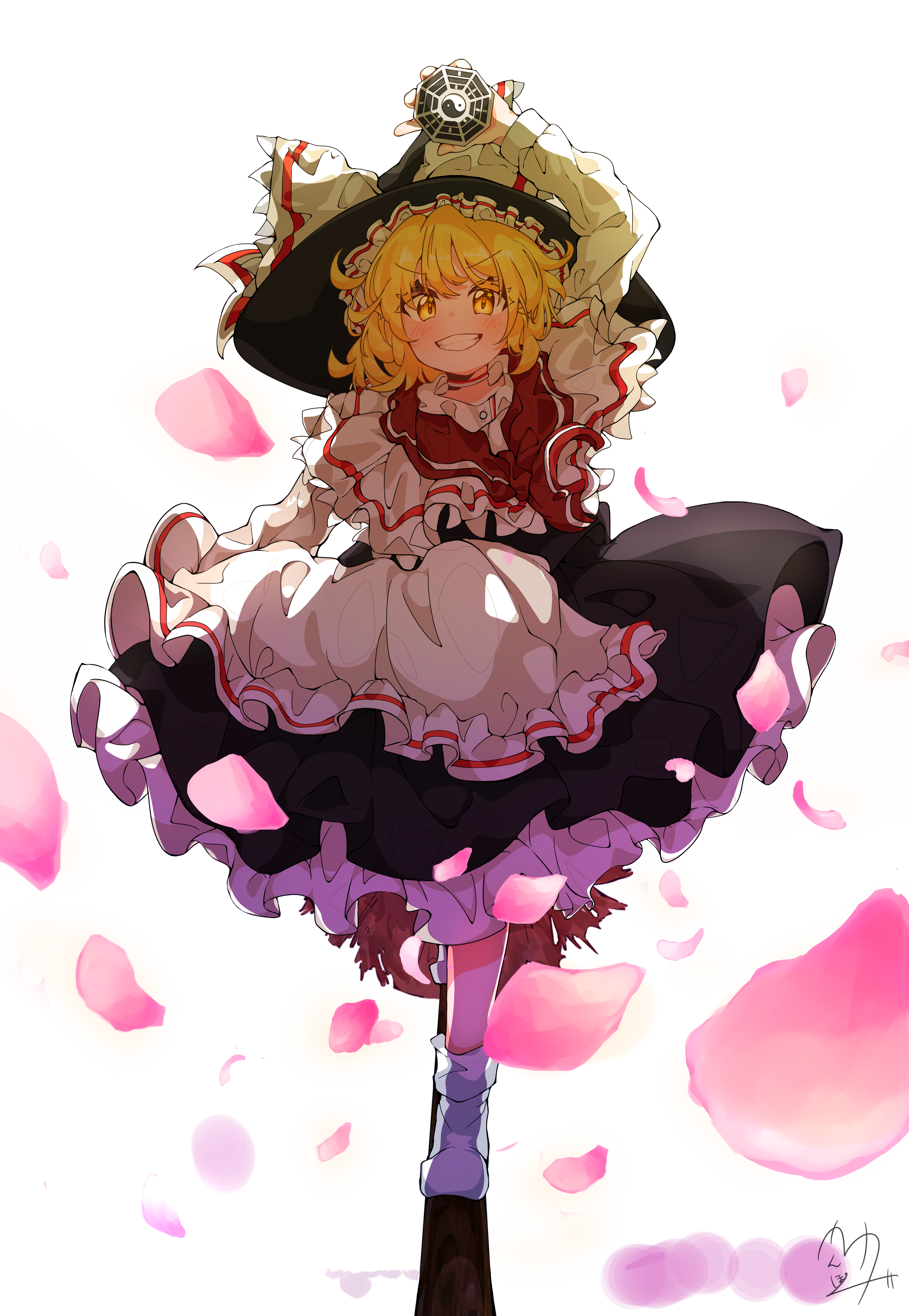 kirisame marisa, touhou, absurdres, highres, 1girl, apron, arm up, black dress, black hat, blonde hair, broom, broom surfing, cherry blossoms, dress, full body, grin, hat, kannpoyu, long hair, long sleeves, looking at viewer, mini-hakkero, petticoat, signature, smile, socks, solo, white apron, white background, white socks, witch, witch hat, yellow eyes