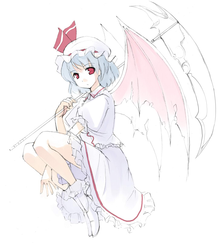 seo tatsuya, remilia scarlet, touhou, 1girl, blouse, female focus, from side, full body, hat, mob cap, partially colored, scythe, shirt, shoes, simple background, skirt, socks, solo, white background, white hat, white shirt, white shoes, white socks, wings