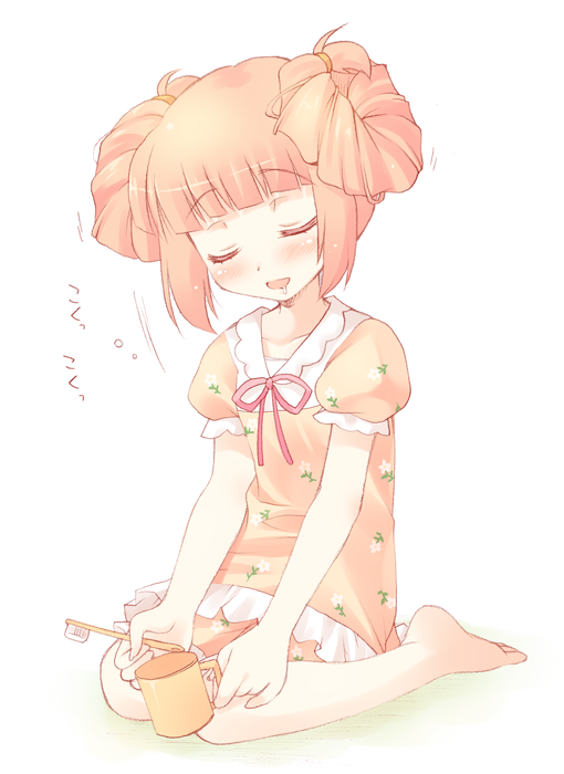komi zumiko, takatsuki yayoi, idolmaster, idolmaster (classic), bad id, bad pixiv id, 00s, 1girl, alternate hairstyle, barefoot, closed eyes, cup, female focus, mug, orange hair, saliva, sleeping, solo, toothbrush