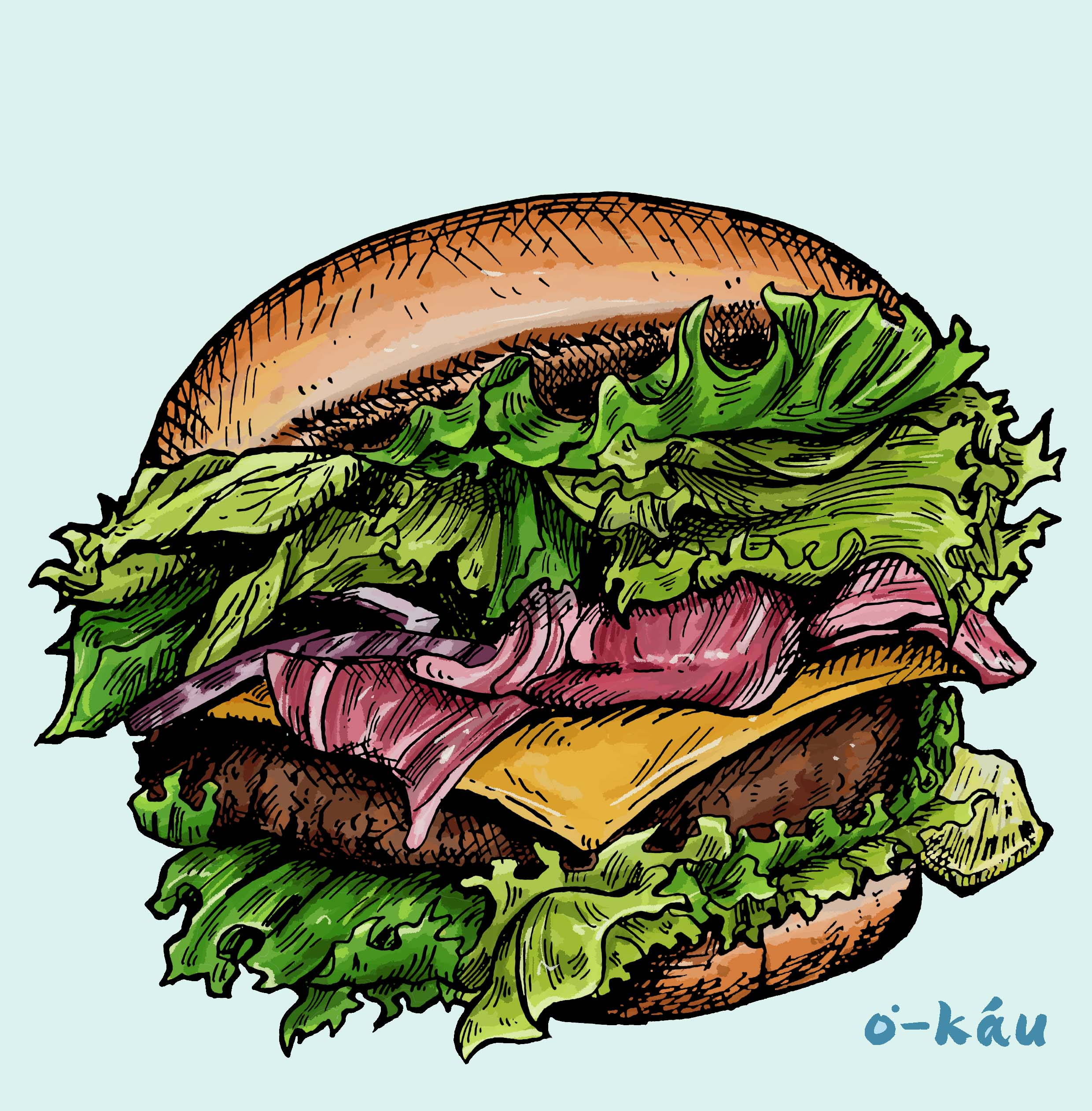 sungayking, original, absurdres, highres, blue background, bread, bread bun, burger, cheese, food, food focus, lettuce, meat, no humans, onion slice