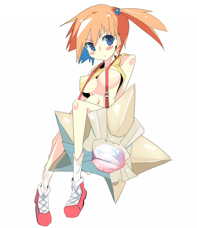 kanikama, misty (pokemon), staryu, nintendo, pokemon, pokemon: the electric tale of pikachu, 1girl, bare shoulders, blue eyes, blush, breasts, gen 1 pokemon, gym leader, knees, legs, medium breasts, orange hair, pokemon (creature), shoes, side ponytail, simple background, socks, suspenders, underboob, white background