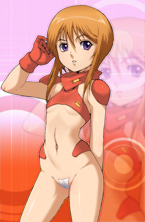 caryo, tabigarasu, puru two, gundam, gundam zz, 1girl, bottomless, breasts, female focus, flat chest, gloves, loli, maebari, orange hair, purple eyes, revealing clothes, science fiction, small breasts, solo, underboob