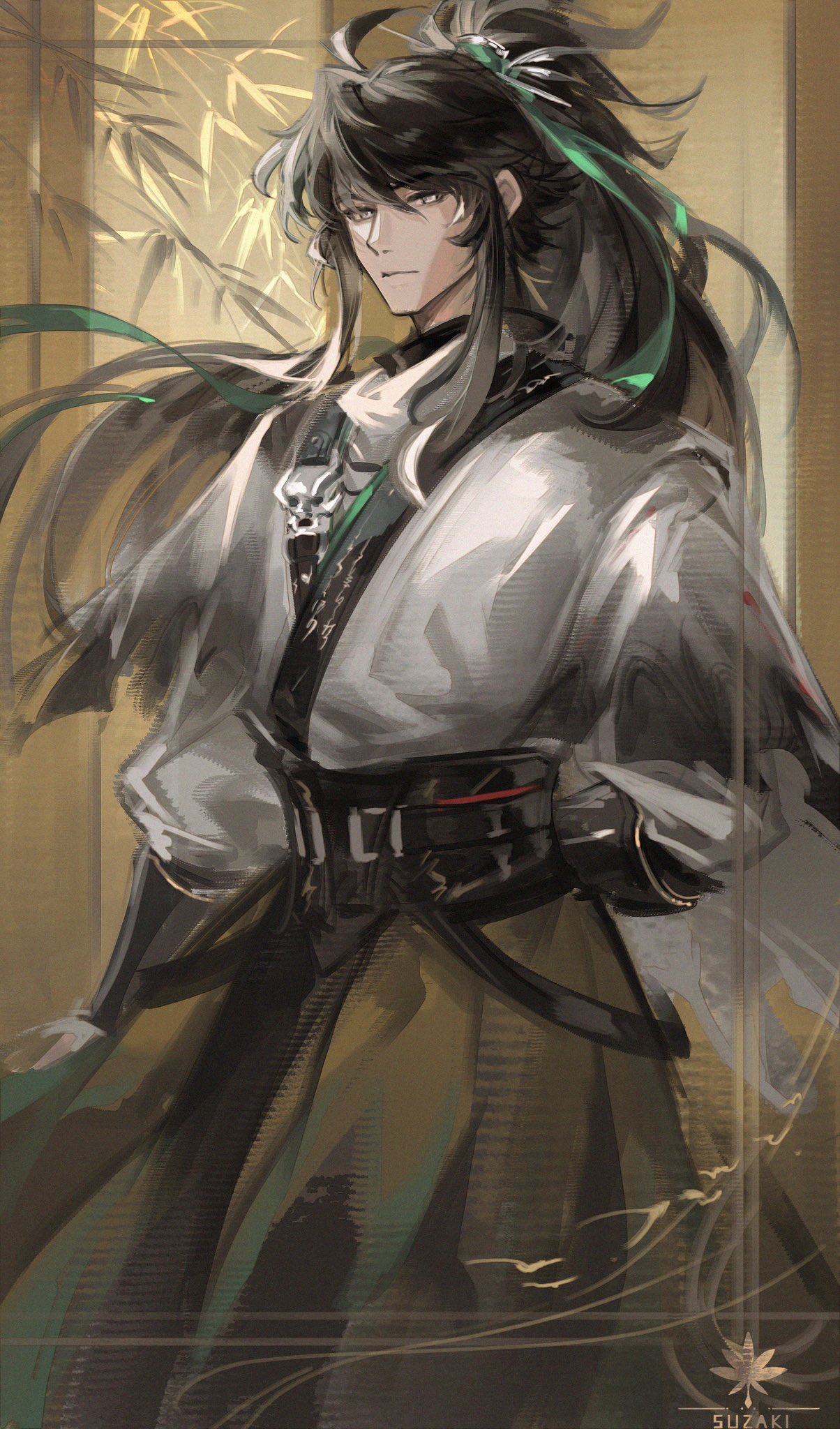 steve zheng, qiuyuan (wuthering waves), wuthering waves, commentary request, highres, 1boy, arm armor, arm behind back, black hair, chinese clothes, closed mouth, green ribbon, grey eyes, hair ribbon, long hair, looking at viewer, male focus, ponytail, ribbon, shirt, solo, very long hair, white shirt