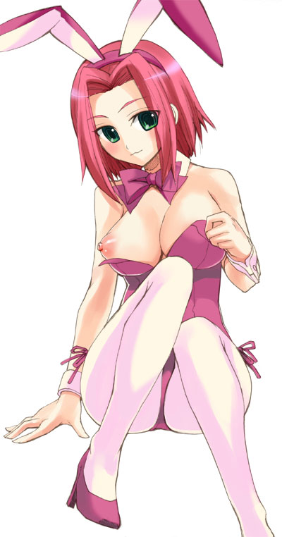otabe sakura, kouzuki kallen, code geass, 00s, 1girl, animal ears, blush, breasts, fake animal ears, female focus, green eyes, high heels, large breasts, leotard, nipples, pantyhose, pink hair, playboy bunny, puffy nipples, rabbit ears, red hair, shoes, short hair, solo