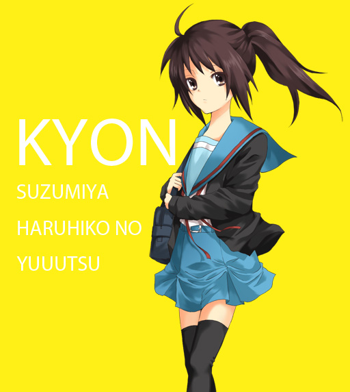 sawa2, kyon, kyonko, suzumiya haruhi no yuuutsu, bad id, bad pixiv id, 00s, 1girl, cardigan, female focus, genderswap, genderswap (mtf), ponytail, school uniform, serafuku, simple background, solo, thighhighs