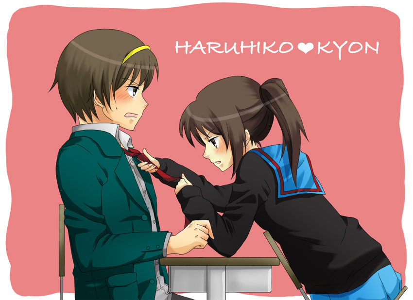 sawa2, kyon, kyonko, suzumiya haruhi, suzumiya haruhiko, suzumiya haruhi no yuuutsu, bad id, bad pixiv id, 00s, 1boy, 1girl, adjusting another's clothes, genderswap, genderswap (ftm), genderswap (mtf), ponytail, school uniform, serafuku