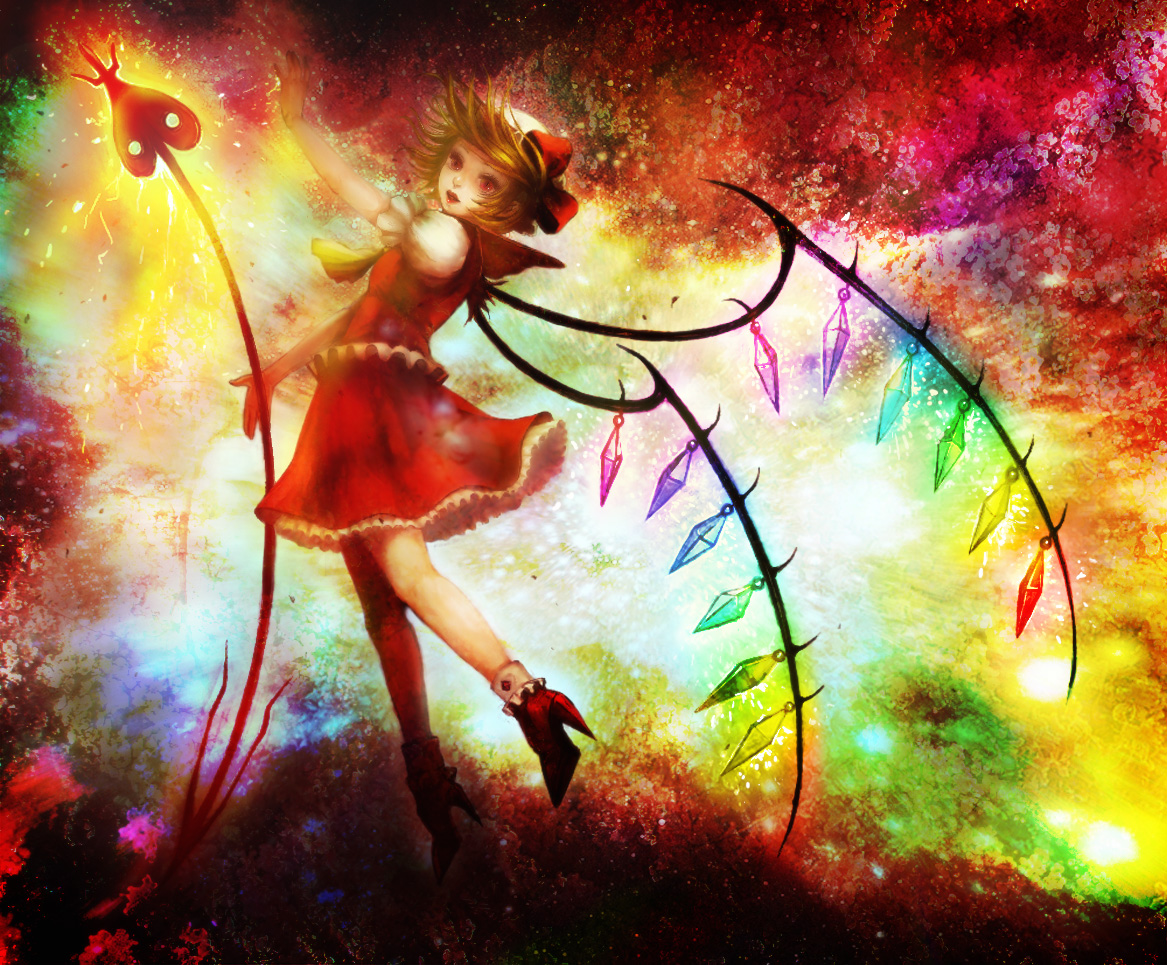 yuyayuyo, flandre scarlet, touhou, 1girl, blonde hair, blouse, bobby socks, female focus, glowing, high heels, laevatein, lips, red eyes, shirt, shoes, short hair, skirt, socks, solo, sparks, wings