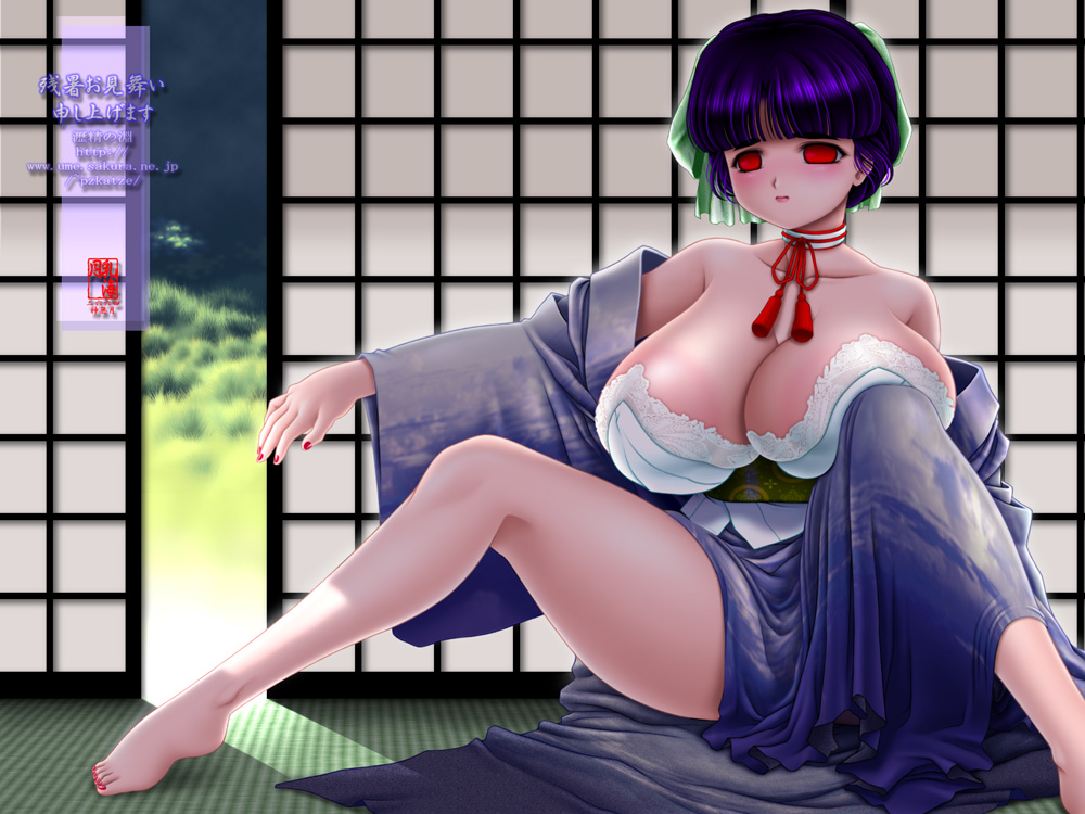 chichi kurage ss, 1girl, bad anatomy, bad feet, barefoot, breasts, cleavage, feet, female focus, huge areolae, huge breasts, japanese clothes, kimono, nail polish, poorly drawn, purple hair, red eyes, red nails, short hair, sitting, solo
